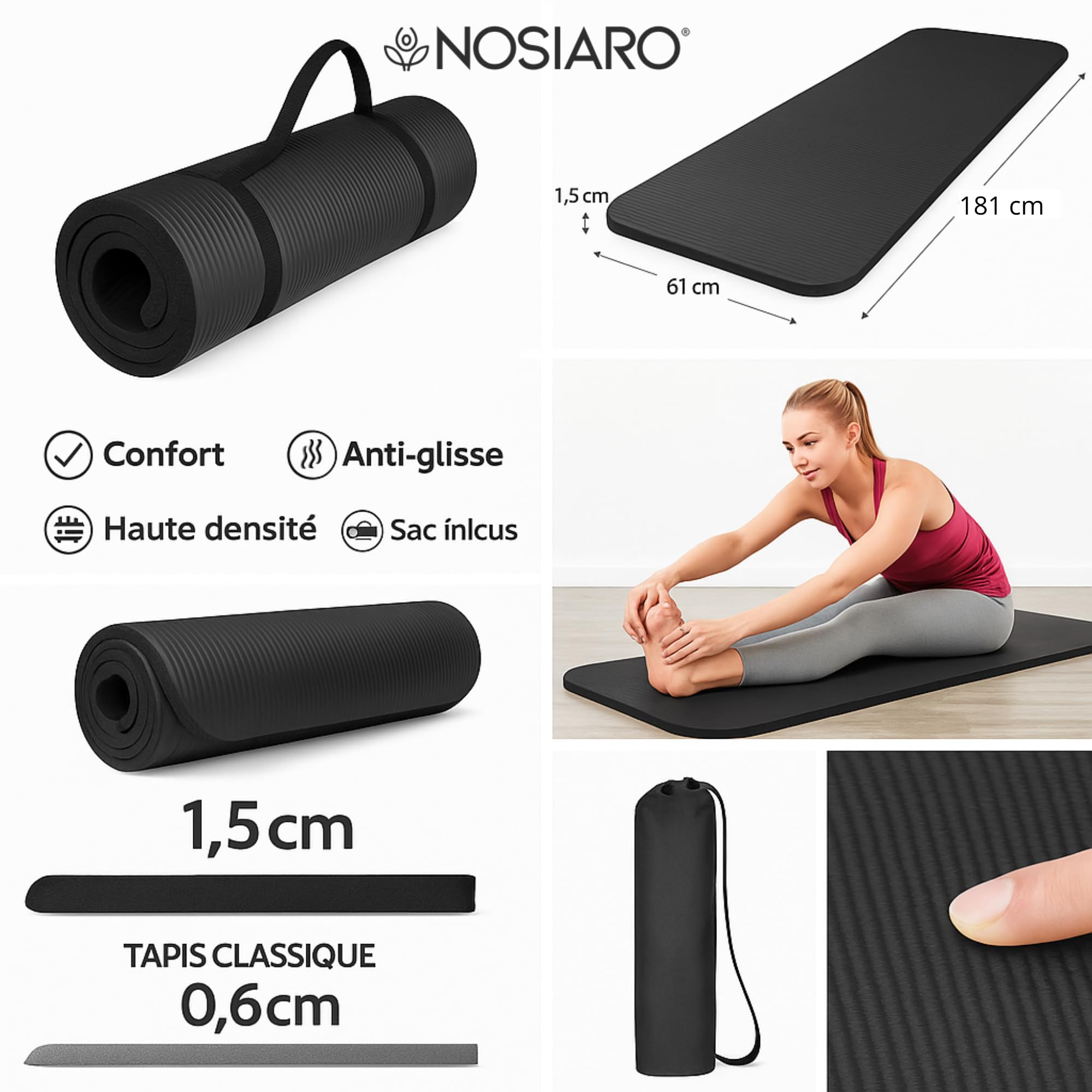Tapis de Sport Epais 1,5 cm - Haute densité -Confort Articulations - Tapis sport – Antidérapant & Résistant – 183x61 cm – Avec Sangle + Sac de Transport – Idéal Pilates, Fitness, Tapis Yoga