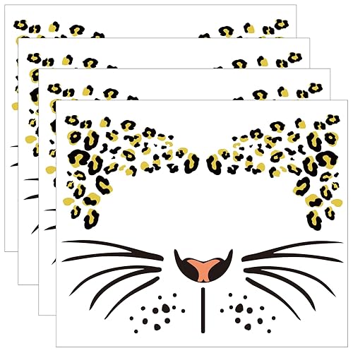 Tatuajes faciales temporales de leopardo falso, diseño de guepardo, tatuaje de cara completa, tatuaje de cara de leopardo y frint, 4 hojas
