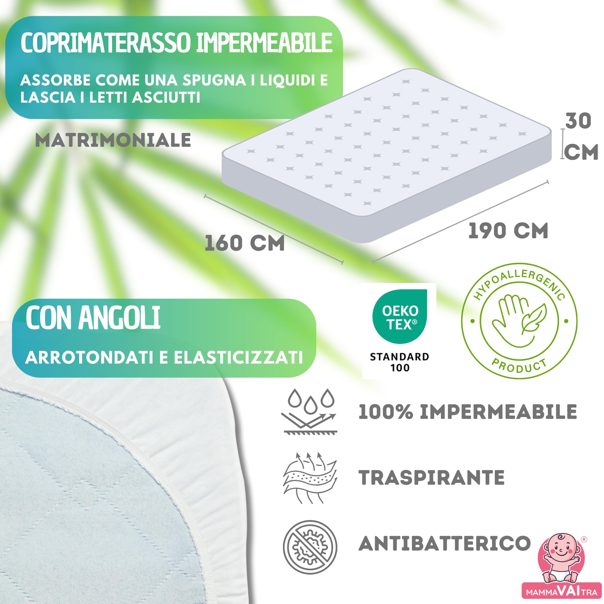 Coprimaterasso Matrimoniale Impermeabile in Bambù 160x190x30 cm