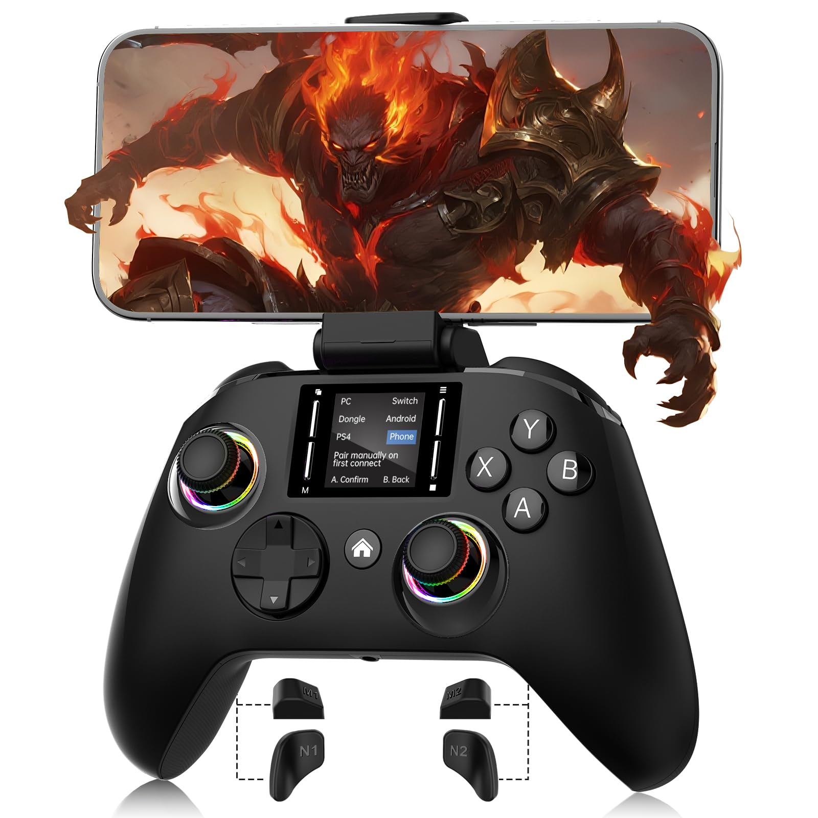 Wireless Gaming Controller with Interactive Screen, 4 Programmable Buttons, Turbo, 6-Axis Gyro, Dual Vibration, RGB Lighting, 1000mAh, for PC/PS4/Switch/Android/iOS