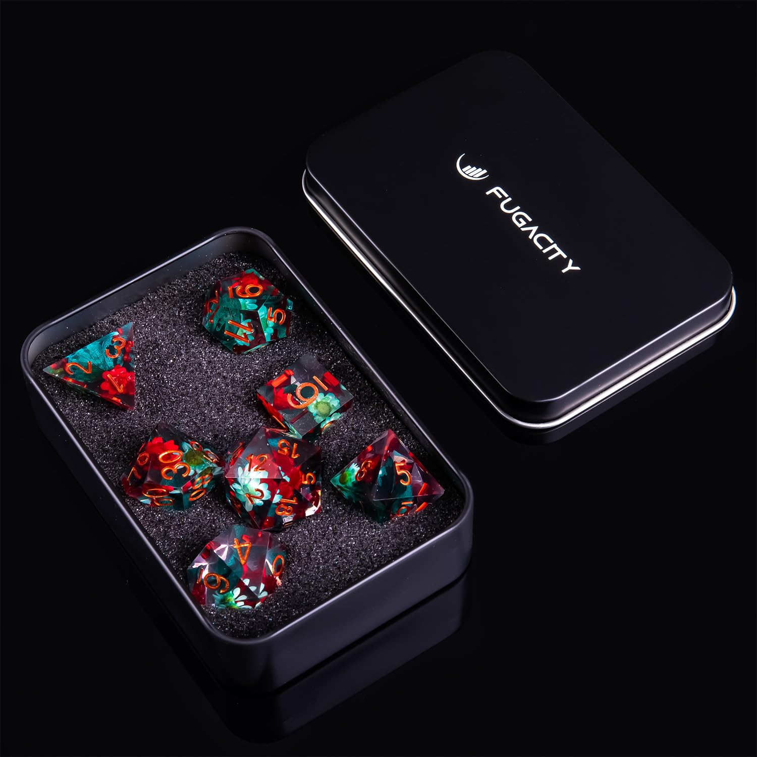 Set di dadi DND, 100% fatti a mano, con bordo affilato, 7 pezzi, in resina, poliedrici, FugaCity Dungeons and Dragons, set di dadi per D&D con sabbia dorata cristallina, per giochi di ruolo e MTG