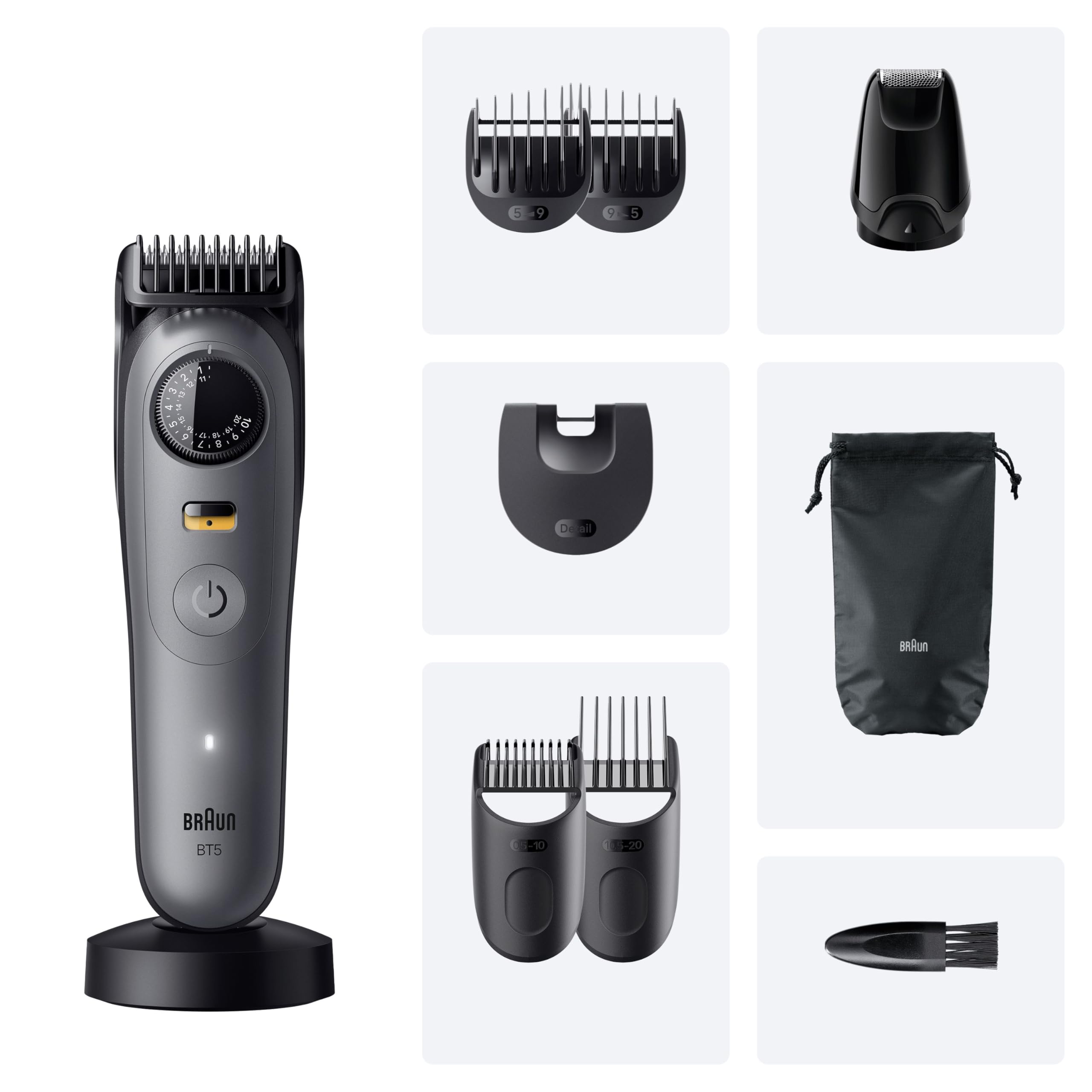 Braun Regolabarba Uomo Series 5, +9 Strumenti di Styling, Rasoio Elettrico Barba, Lama Ultra Affilata, 120 Min di Autonomia, Impermeabile, Selettore di Precisione con 40 Lunghezze, Bt5565, Grigio