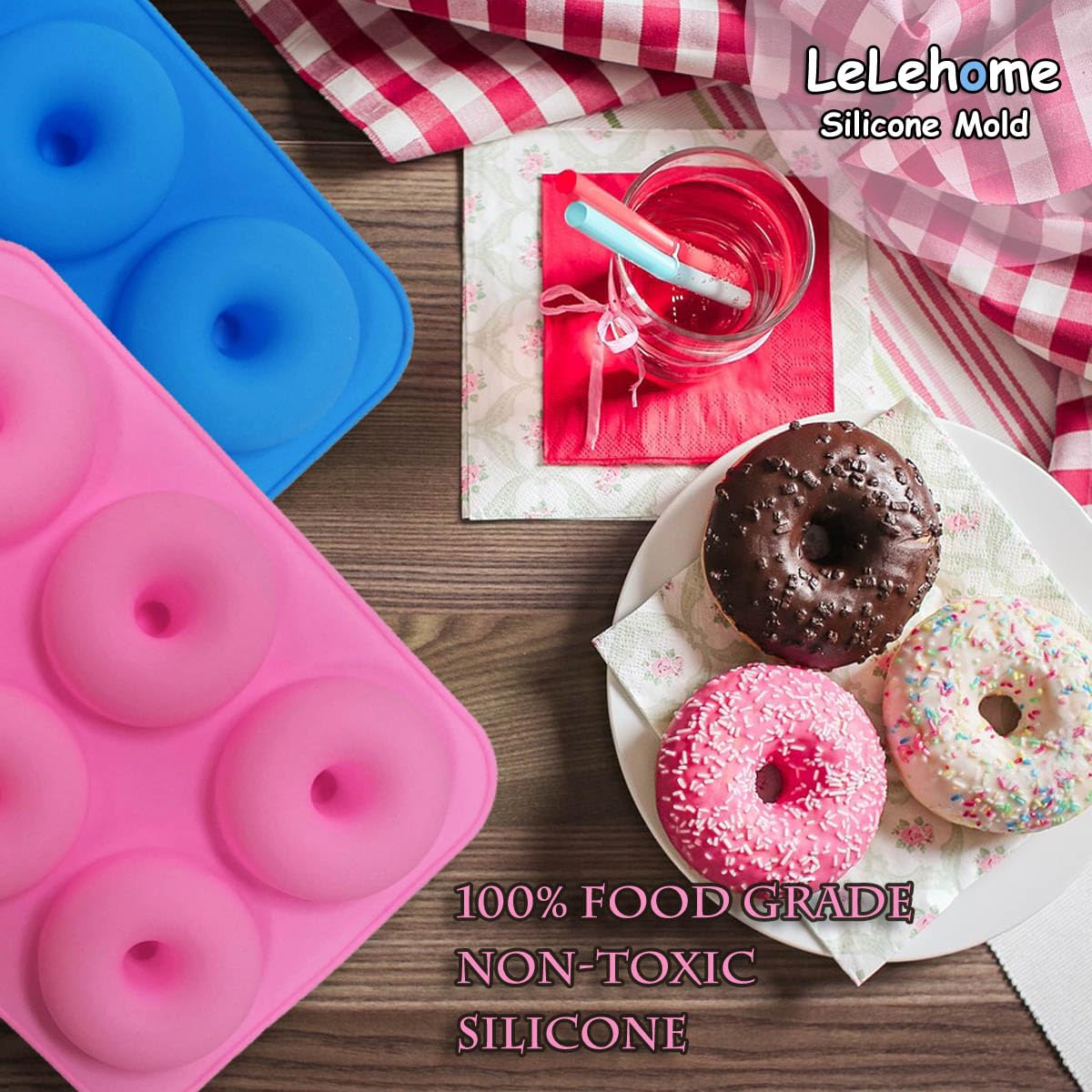 Moldes de silicona antiadherente para donas, 2 moldes para donas, hornear semiciresferas, pasteles, pan, 6 agujeros, utensilios de cocina, rosa y azul 5