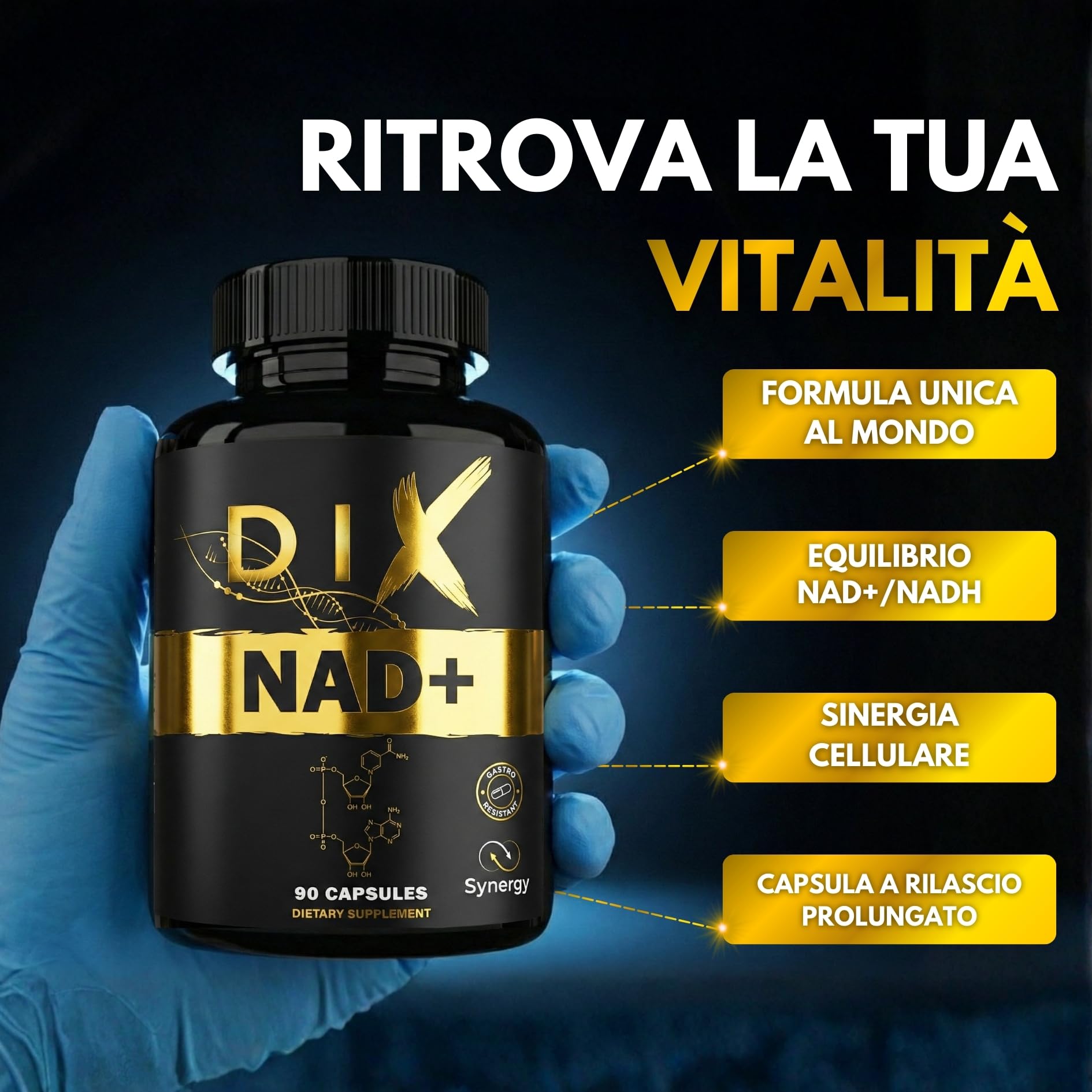 NAD⁺ ✗ NR + NADH + Vitamina B3 ✗ Cloruro di Nicotinamide Riboside ✗ Anti-Età ✗ Energia ✗ Azione sinergica rapida e prolungata ✗ Capsula vegetale gastroresistente ✗ Prodotto in Francia