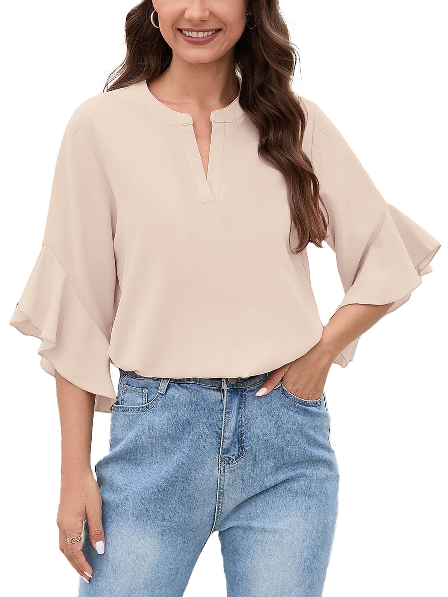 Heymoments Womens Blouses Ruffle 3/4 Sleeve V Neck Business Casual Tops Flowy Cute Shirt