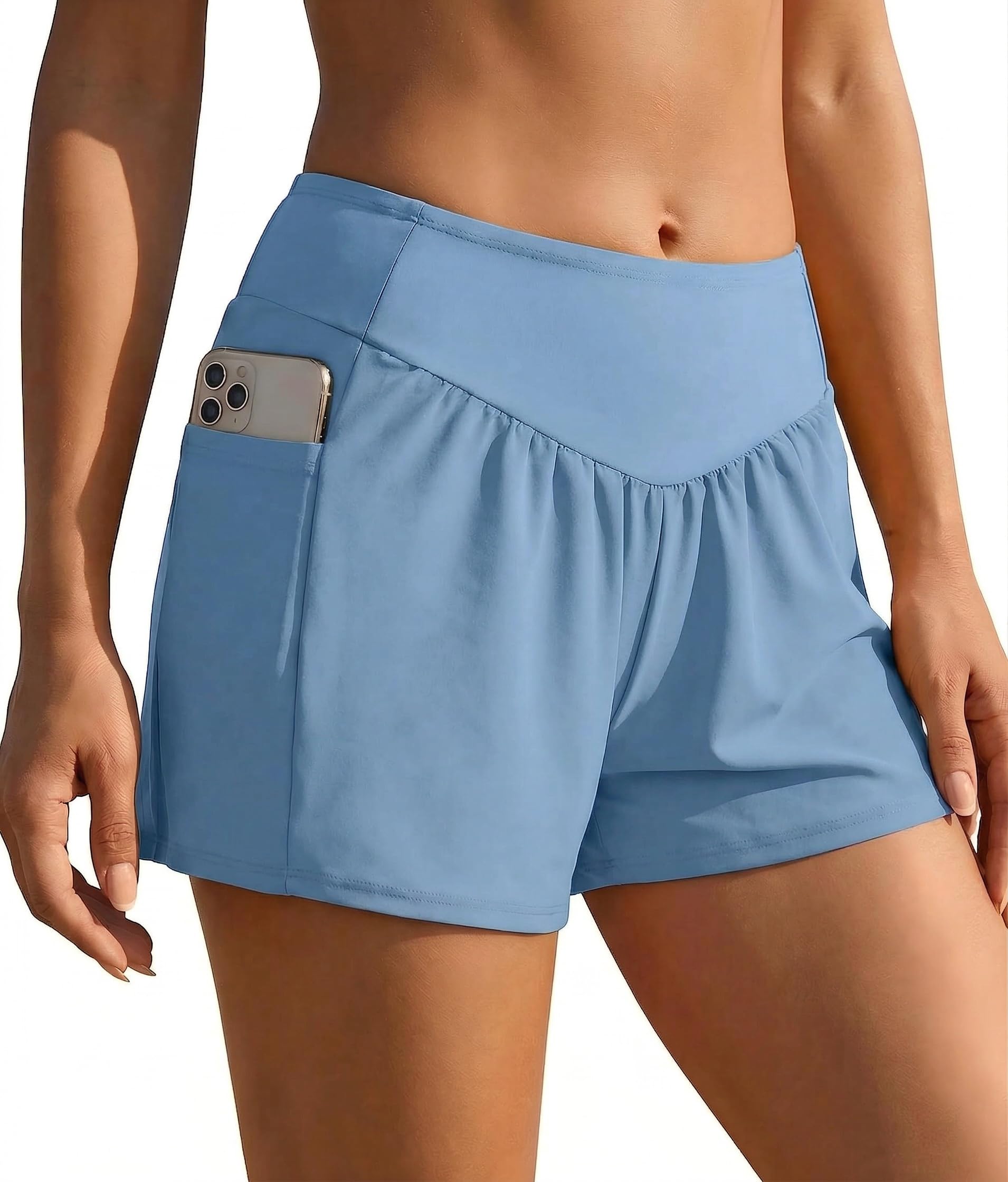 Ekouaer Badeshorts Damen Badehose Schwimmhose High Waist Boardshorts Schnell Trocknend mit Liner Taschen S-2XL