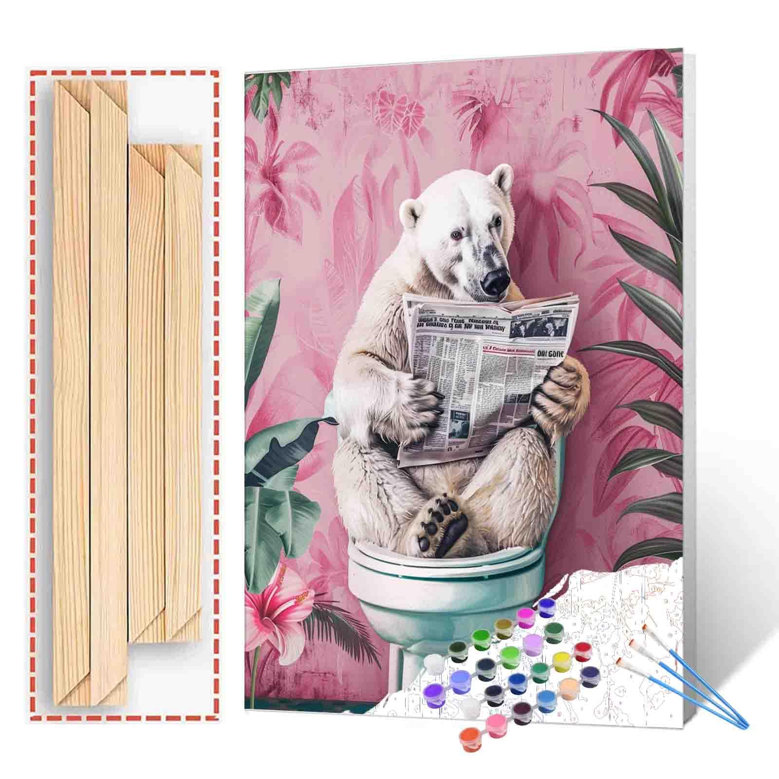 Tucocoo Funny Polar Bear Paint by Numbers Kit with Brushes and Acrylic Pigments on Canvas Paintings for Adults Animals on Toilet Reading Newspaper Picture for Home Decoration Gifts 40x50cm — image 1