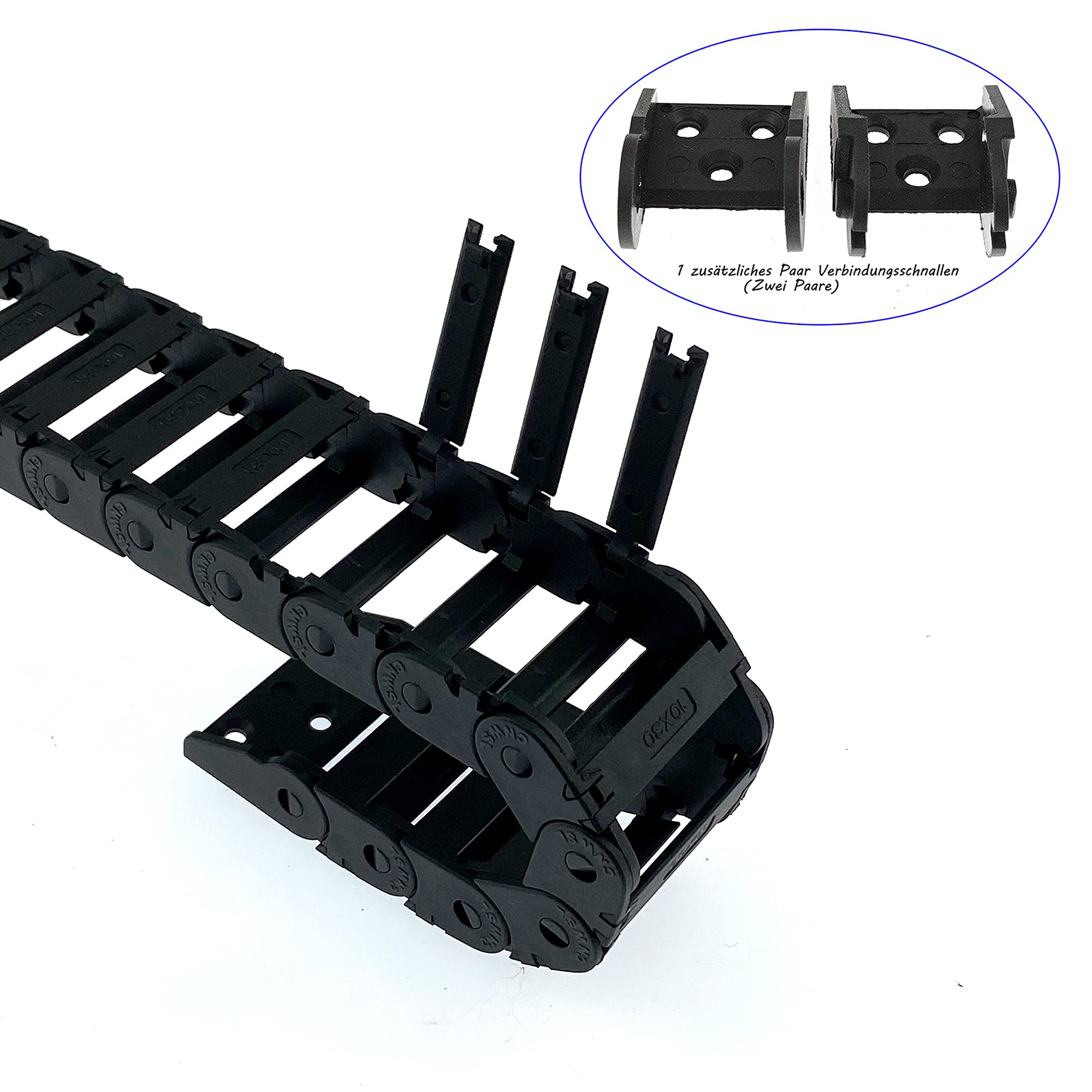 Mini łańcuch holowniczy, wymiary wewnętrzne 10 x 30 mm, długość serii 1000 mm, wzmocnione nylonowe złącze końcowe, nadaje się do drukarek 3D i CNC (R18, 10 x 30)