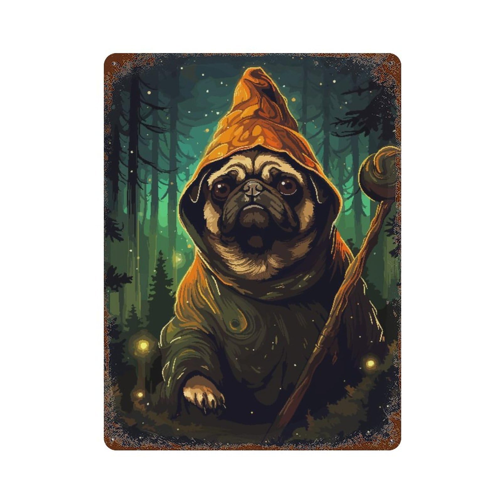 Vintage Rust Metal Sign with Retro Pixel Art Pug Wizard Design 15.7"x11.8", for Patio, Garden Room And Bar Decor, Old School Wall Decor
