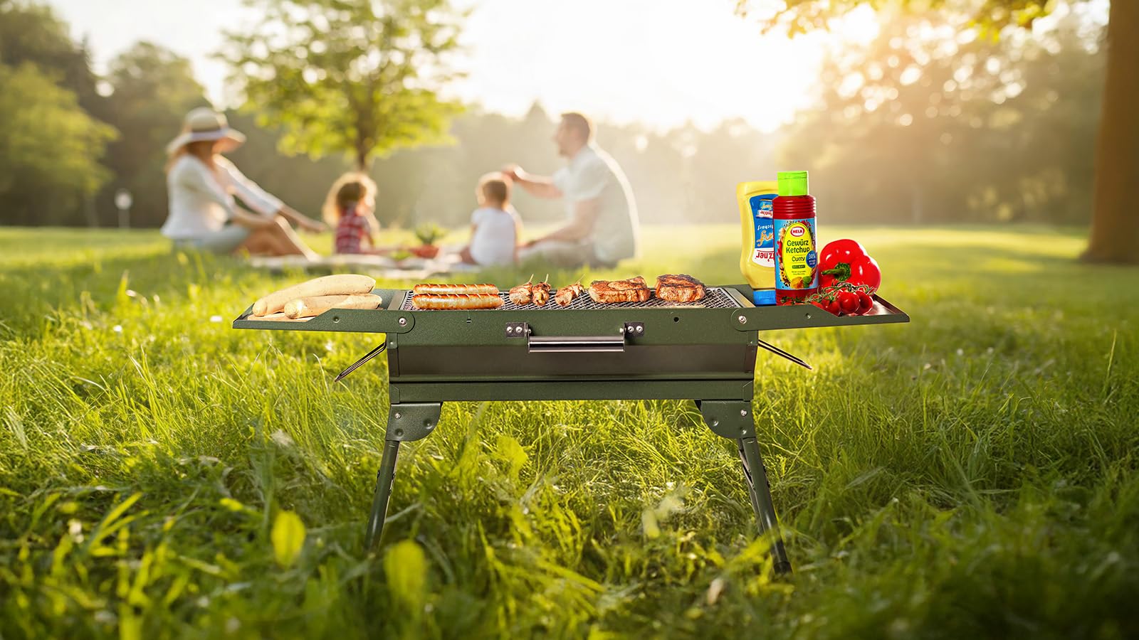 Tragbarer Campinggrill Klappbar mit Tragetasche – Holzkohle Tischgrill 45x31 cm – Faltbarer Grill für Camping, Picknick, Garten & Balkon – Kompakter Reisegrill mit Ablagen