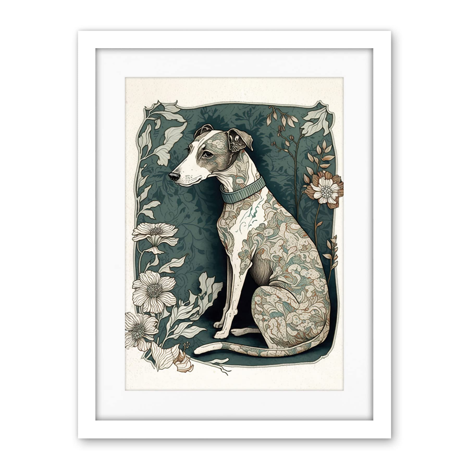 Artery8 Whippet Dog with Floral Pattern Fur Coat Art Nouveau Inspired Watercolour Illustration Artwork Framed Wall Art Print 18X24 Inch