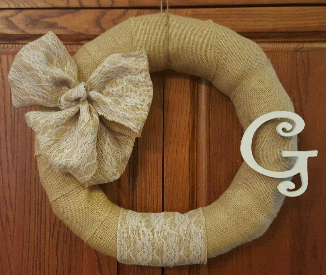 Rustic Wedding Wreath Lace Burlap Initial Monogram