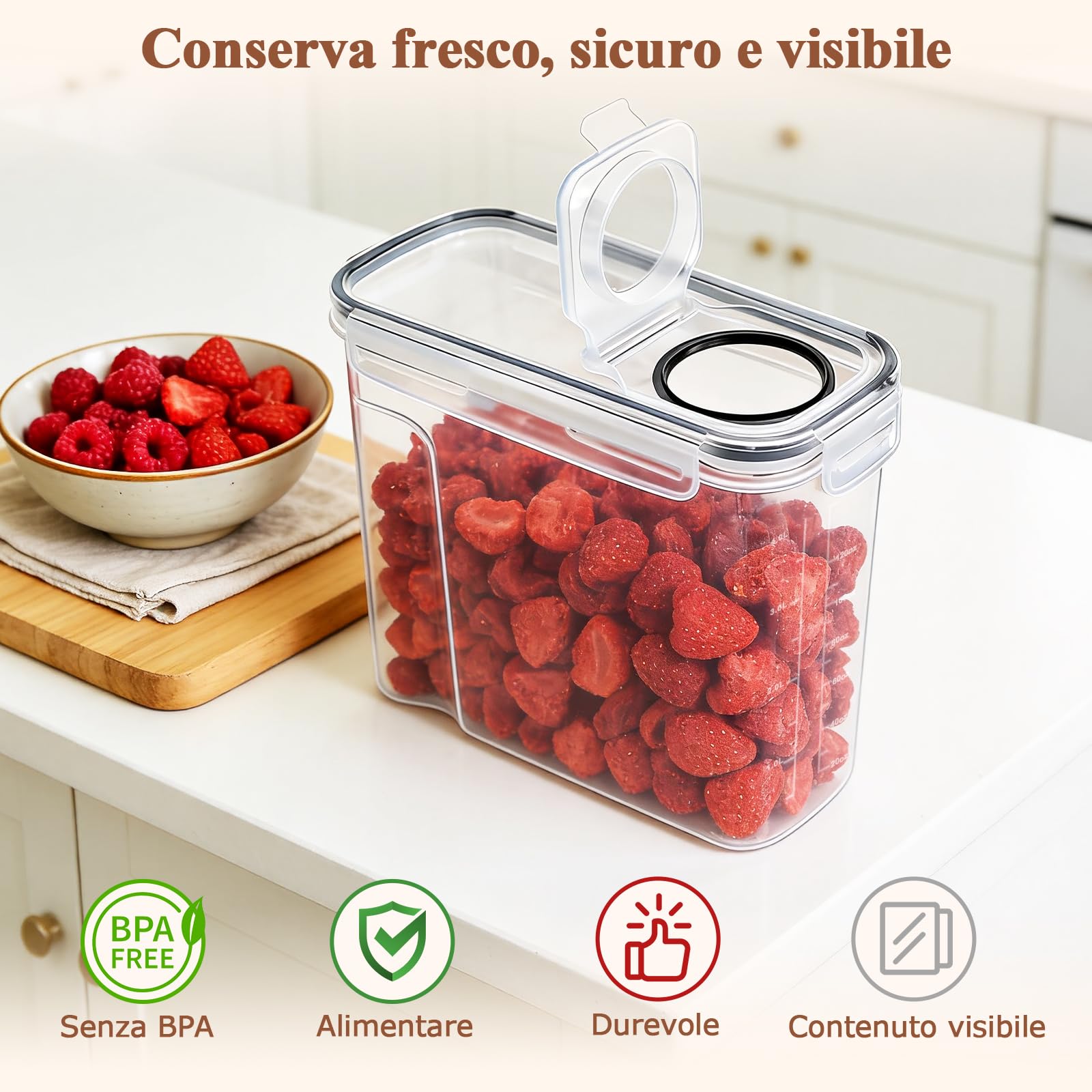 Contenitori Ermetici Alimentari con Coperchio 4L – Set da 4 Scatole di Conservazione per Cucina in Plastica, Ideale per Farina, Muesli, Cornflakes e Cereali, Include 8 Etichette e 1 Pennarello