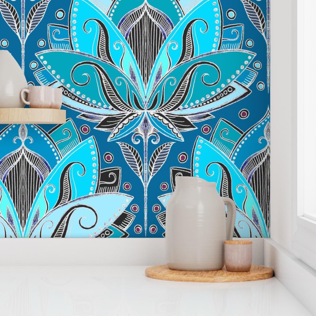 Removable Wallpaper 6ft x 2ft - Art Deco Lotus Teal Turquoise Black Nouveau Retro Tea Geometric Blue Aqua Custom Pre-Pasted Wallpaper by Spoonflower