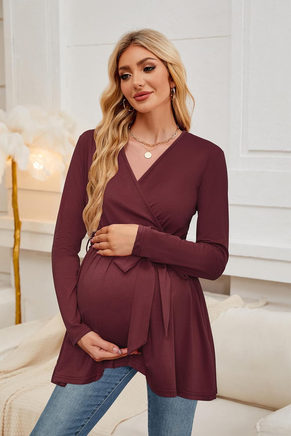 OUGES Women's Maternity Tunics Tops Shirts Long/Short Sleeve Wrap V Neck Nursing Maternity Clothes Casual Pregnancy Blouse - Image 3