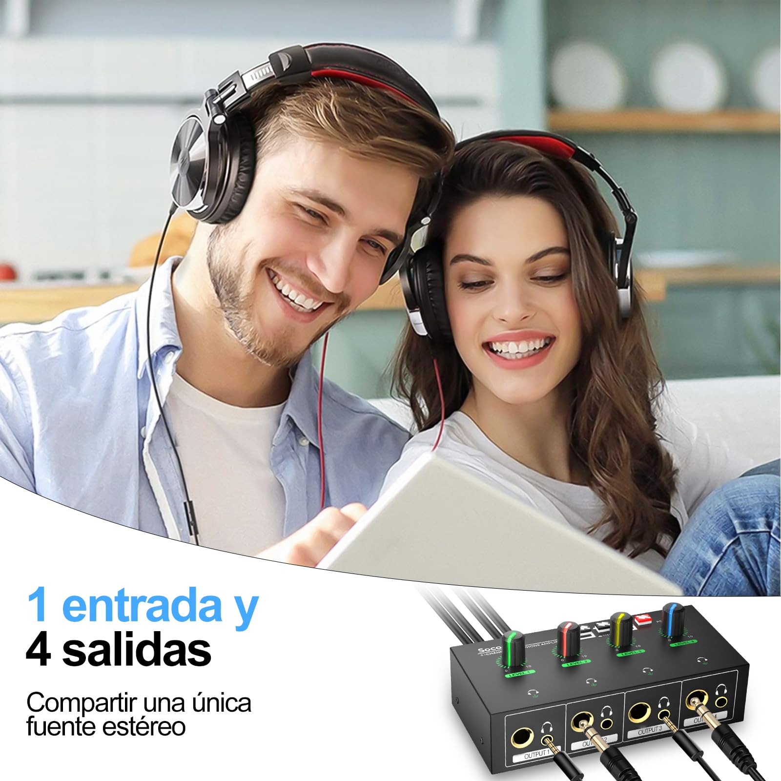 Amplificador de Auriculares de 4 Canales con Jacks de 3,5 mm/6,35 mm/RCA, Divisor de Auriculares de Metal con 8 Puertos de Salida para Auriculares, Compacto con Interruptor estéreo y luz RGB