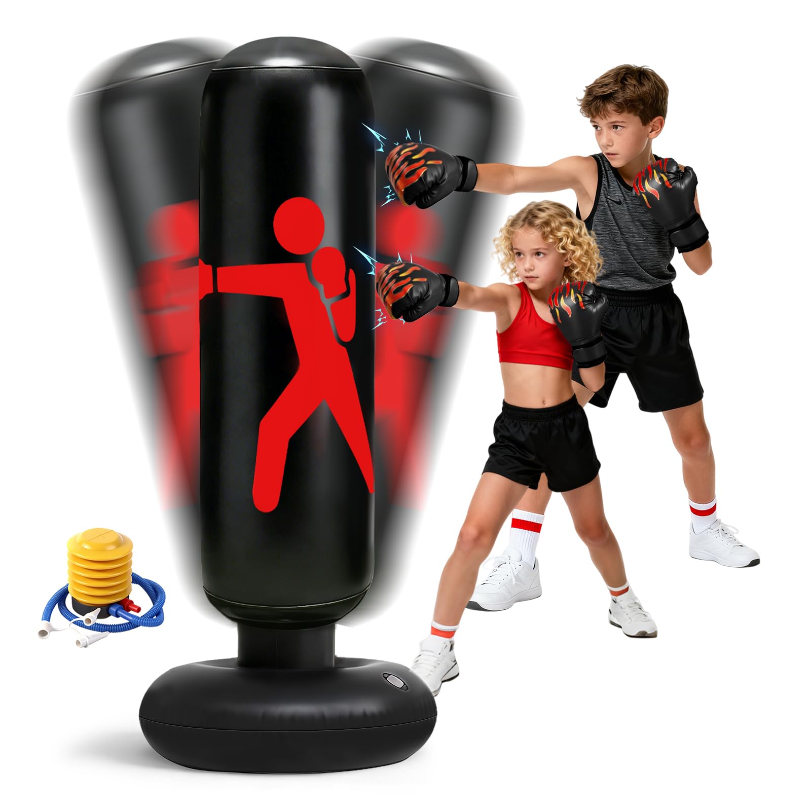 flintronic Sacco da Boxe da Terra Bambini con Guantoni da Boxe, 120cm Pungiball Bambini, Sacchi da Boxe Gonfiabile per Ragazzi e Ragazze 5-12 Anni, Per Praticare Karate Taekwondo MMA