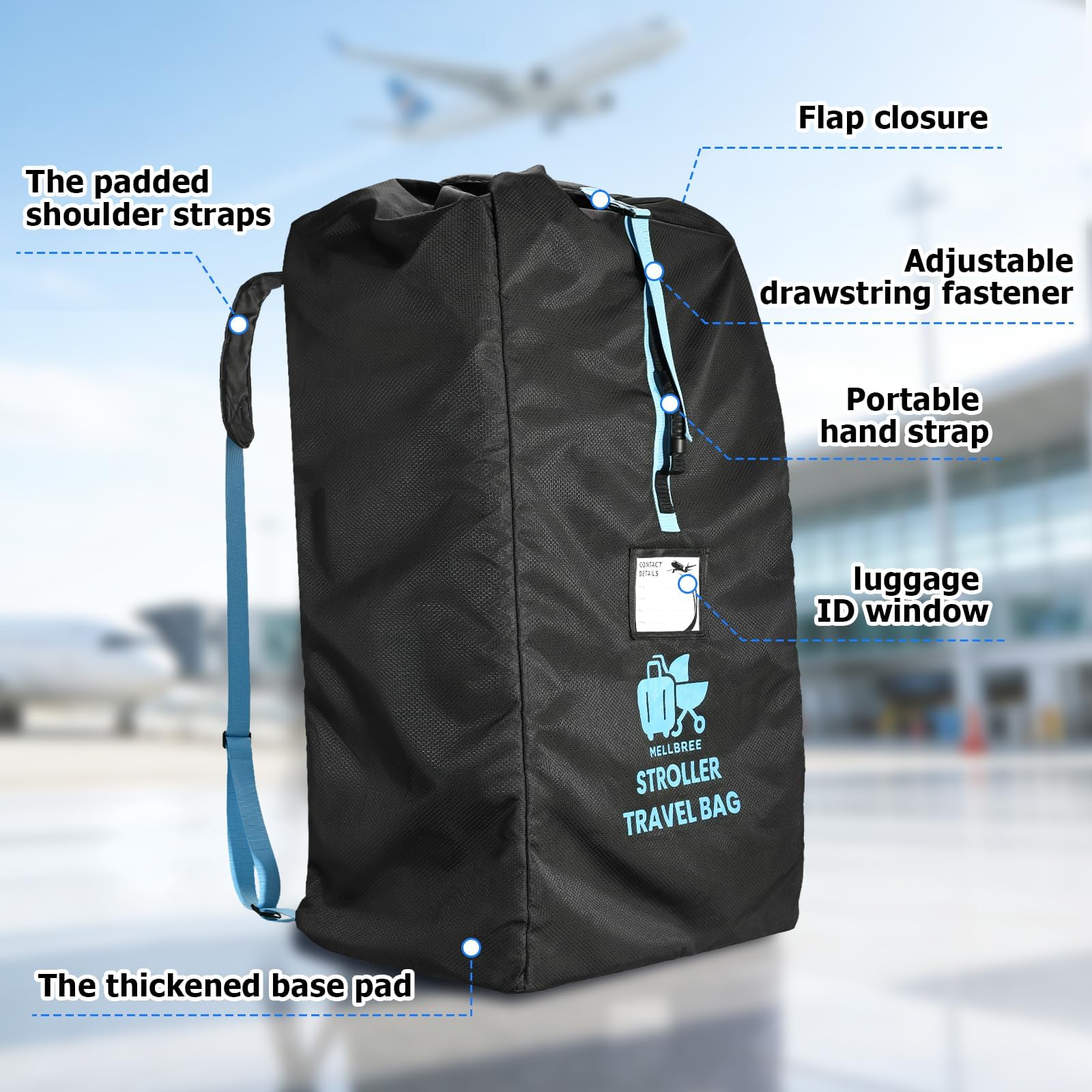 Mellbree - Bolsa de viaje para cochecito de avión tamaño XL, bolsa de viaje doble para cheques de puerta, impermeable y resistente al desgarro, tela Oxford, se adapta a la mayoría de tamaños, esencial — view 8