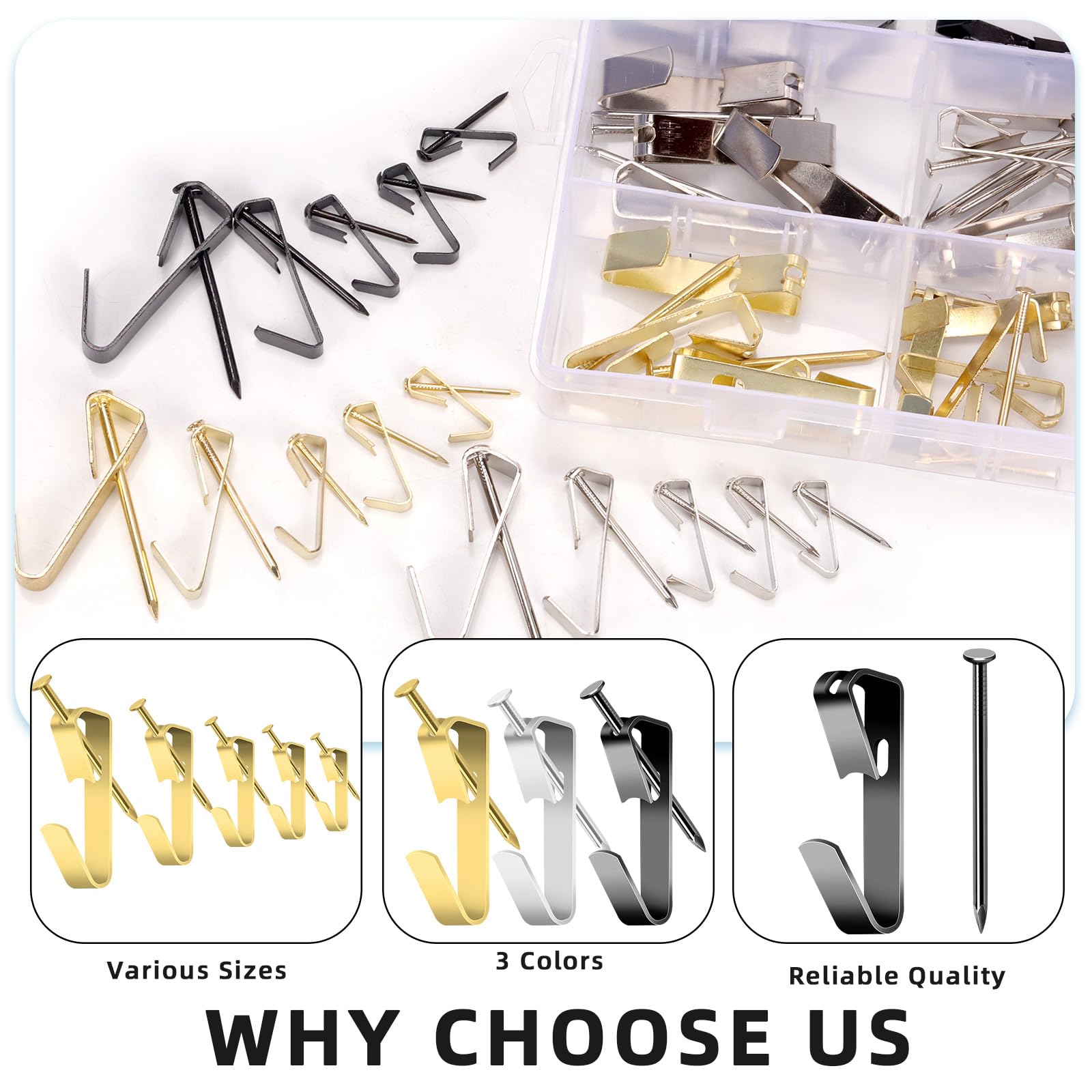 Glarks 120pcs 10lb/20lb/30lb/50lb/100lb Picture Hangers Hooks with Nails Kit - Image 3