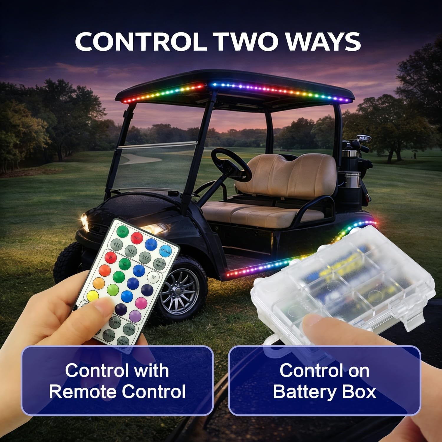 Battery Powered RGB+IC Dream Color Chasing Golf Cart Canopy Roof Lights with Remote, 16.4FT IP68 Waterproof Addressable Golf Cart Light for EZGO Yamaha Club Car, ATV, Truck, Boat, RV, Easy Install