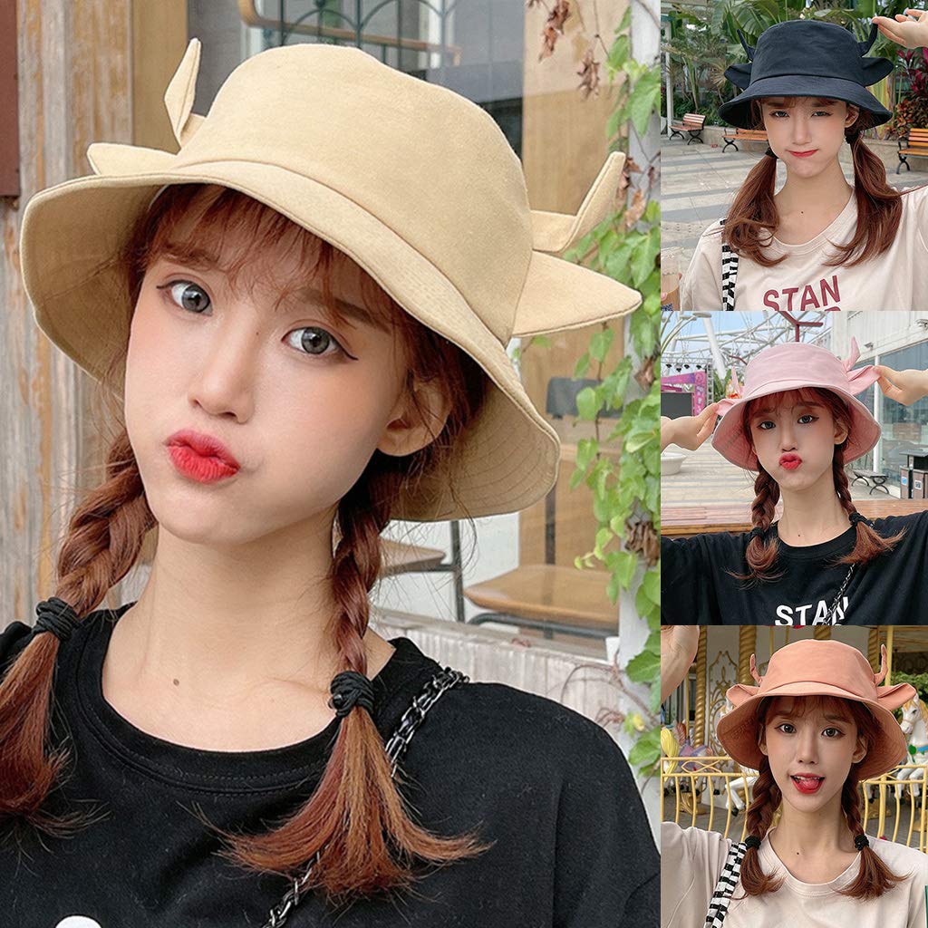 Dsgzkk Bucket Hat,Cotton Bucket Hat Unisex Trendy Lightweight Outdoor Hip Hop Milk Cow Vacation Ox Horn Ears Fisherman Hat Black