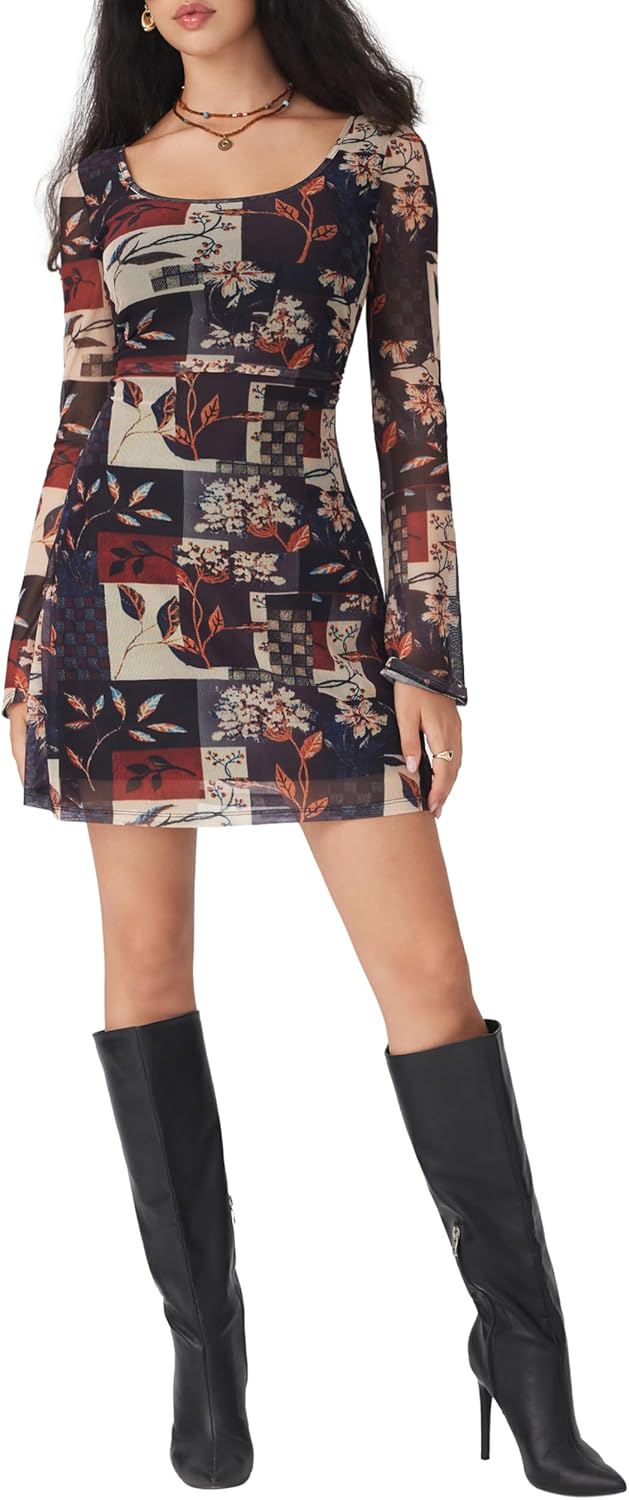 CIDER Women Floral Mini Mesh Dress Bell Sleeve Boho Dresses Y2k Fall Fashion Going Out Party Outfit - Image 2