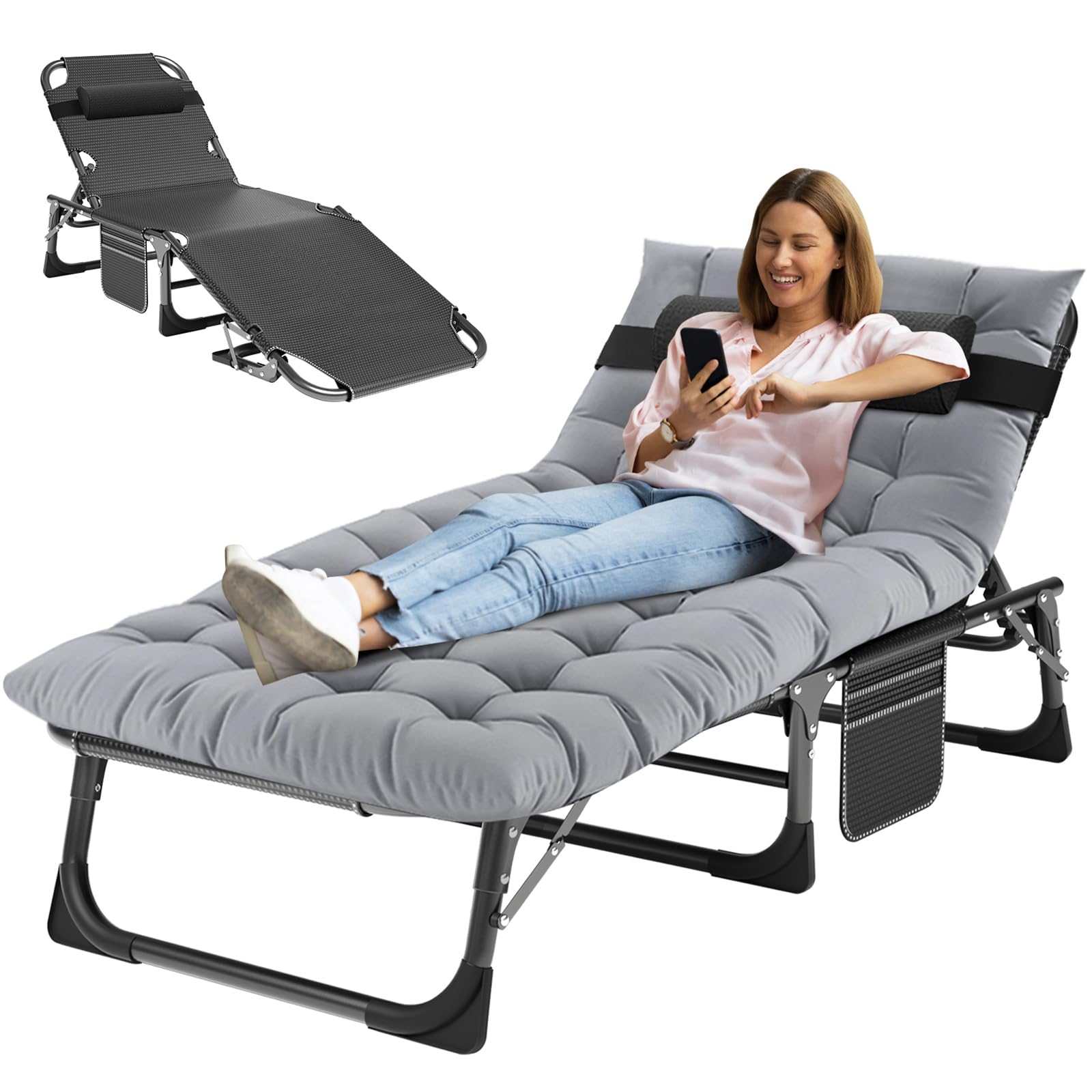 MOPHOTO Folding Chaise Lounge Chair 5-Position, Folding Cot, Heavy Duty Patio Chaise Lounges for Outside, Poolside, Beach, Lawn, Camping