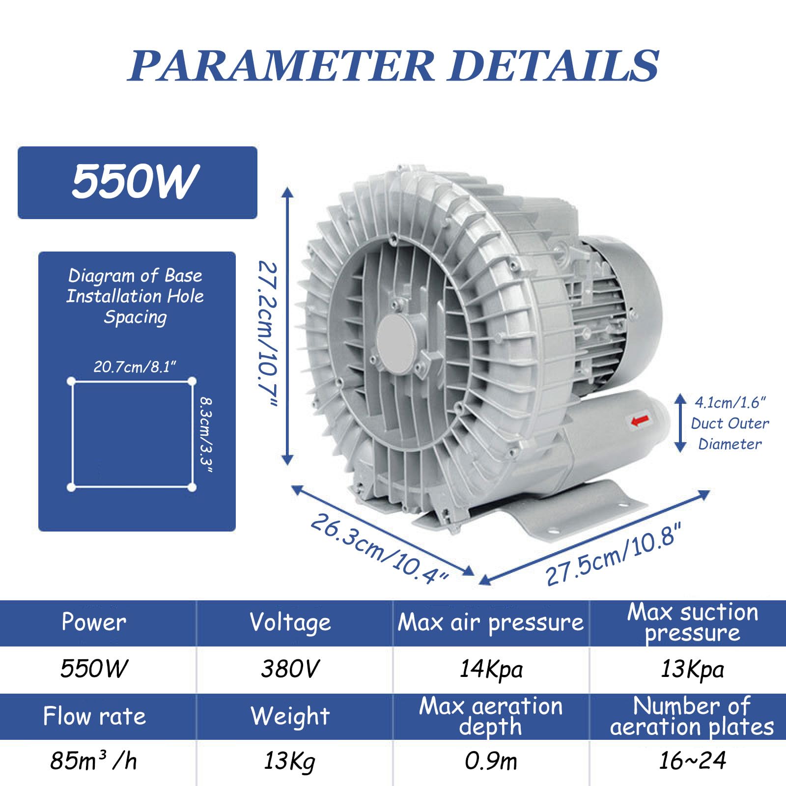Soplante Regenerativo 370-1500W 380V Trifásico, Soplante Vortex, Bomba de Vacío Industrial para Soplado o Aspiración, Soplador De Tres Turbinas,550W