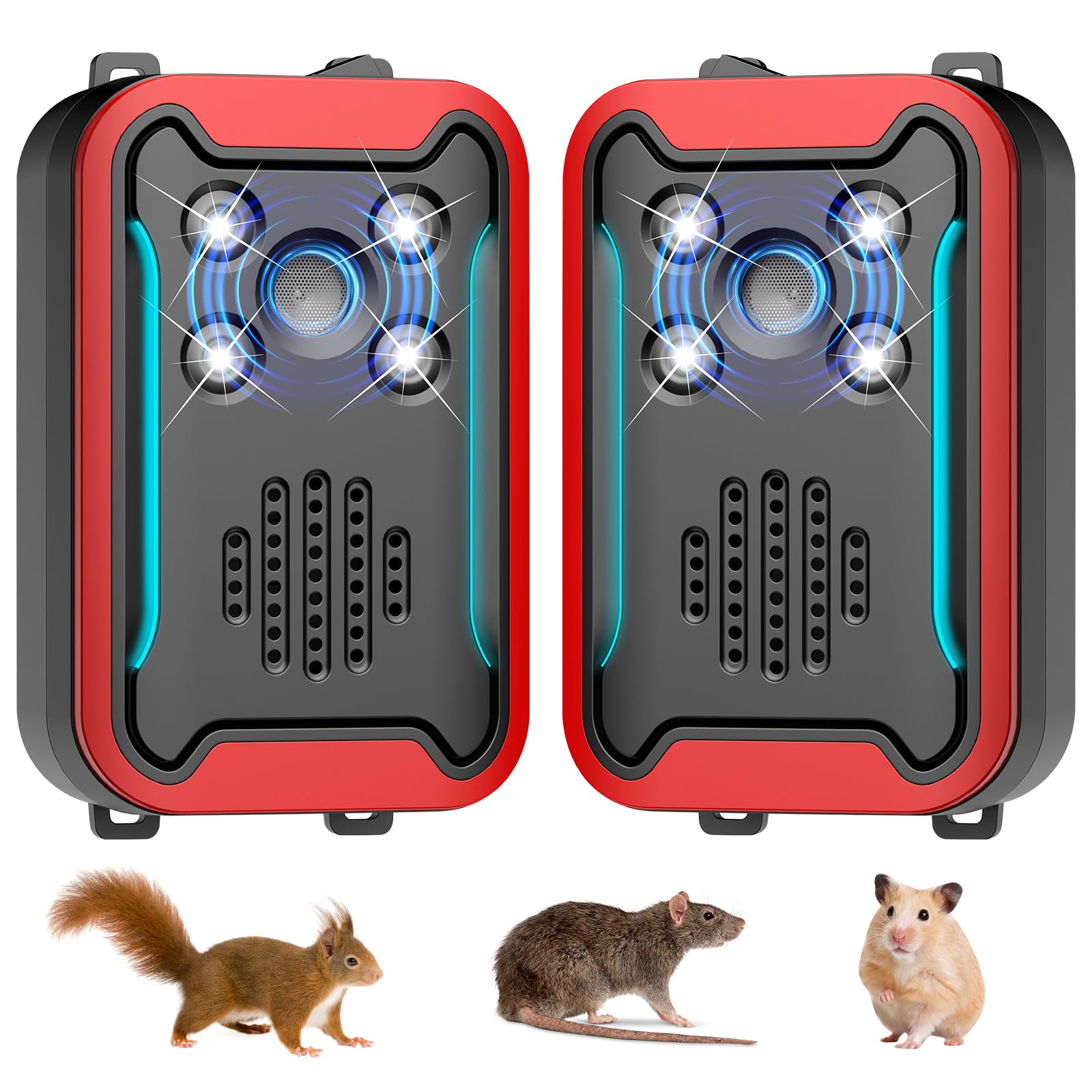 Ultrasonic Rodent Repeller for Car Engine, Battery & Plug-in Mouse Repellent with LED Strobe Light, Under Hood Rat Mice Squirrel Bug Spider Deterrent for Vehicle Garage Attic Indoor Outdoor, 2 Pack