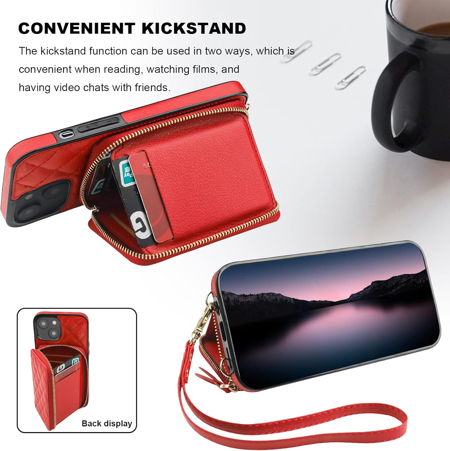 Bocasal Crossbody Wallet Case for iPhone 14 Plus, RFID Blocking PU Leather Zipper Handbag Purse Flip Cover, Kickstand Folio Case with Card Slots Holder Wrist Strap Lanyard 5G 6.7 Inch (Red)