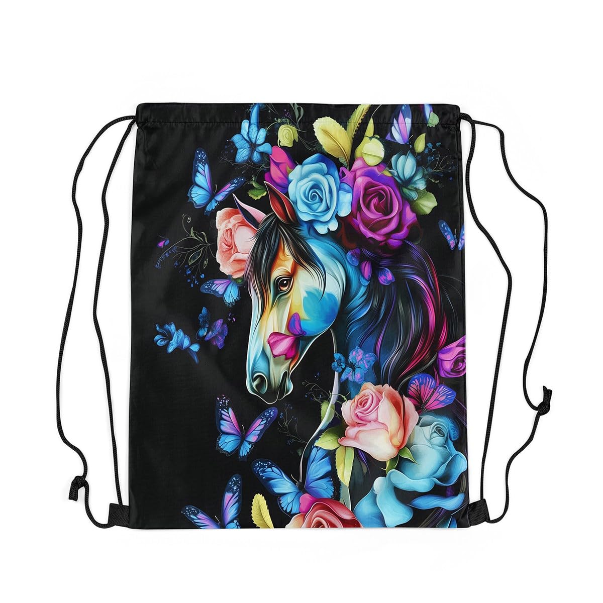 Loussiesd Horse Gym String Bag Butterfly Drawstring Backpack Rose Floral Flower Drawstring Bags for Women Men Wild Animal Waterproof Cinch Bag 40x33cm