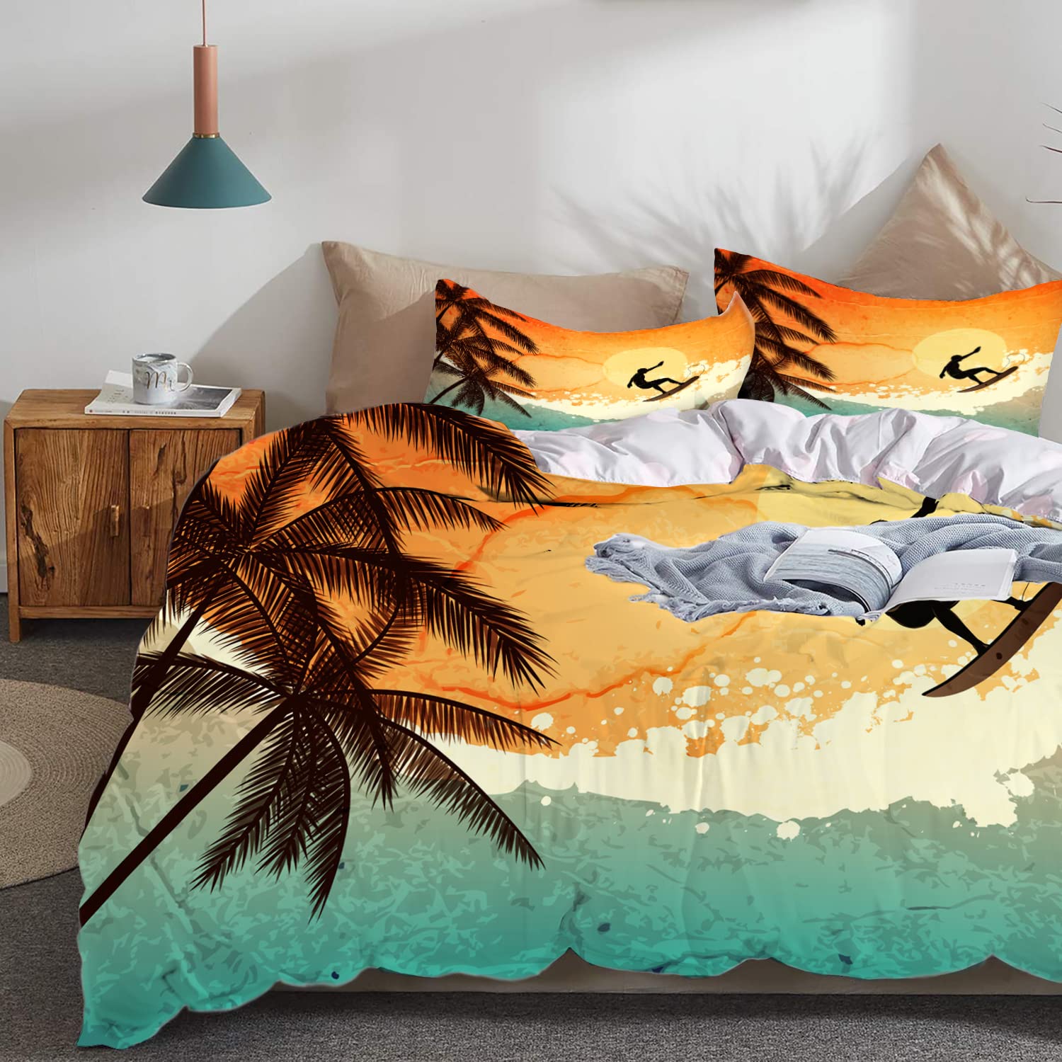 URSOPET Bettwäsche-Set,Mikrofaser,Illustration von Tropical Island Surfer auf Meereswellen und Palmen bei Sonnenuntergang,1 Bettbezug 200 x 200 cm + 2 Kopfkissenbezug 80x80cm Küche, Haushalt & Wohnen