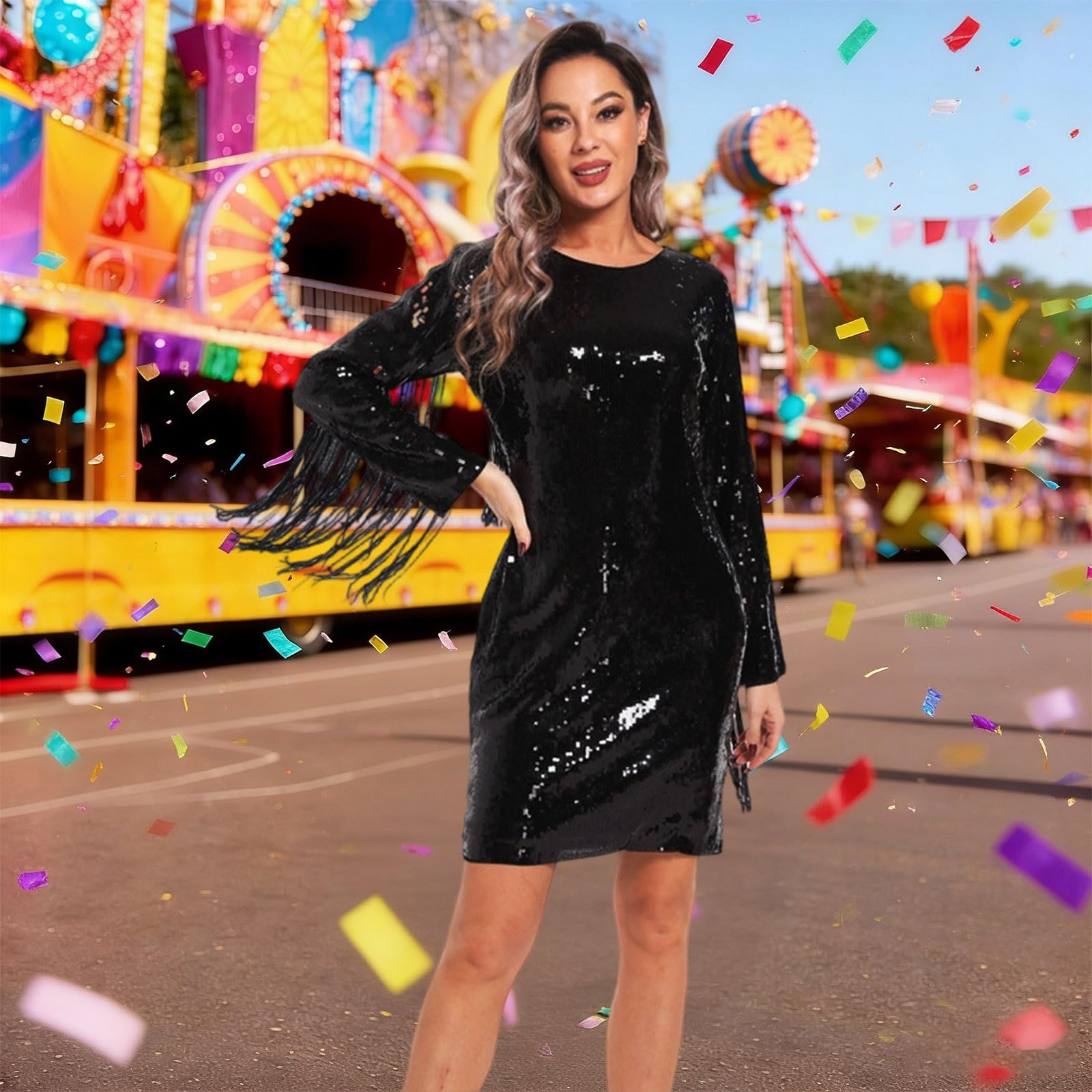 Vestido De Lentejuelas Mujer con Flecos Corto Curvy Sexy Elegante Fiesta Vestidos Brillantes Mujer Manga Larga Ajustado Ceremonia Cóctel Club Dress
