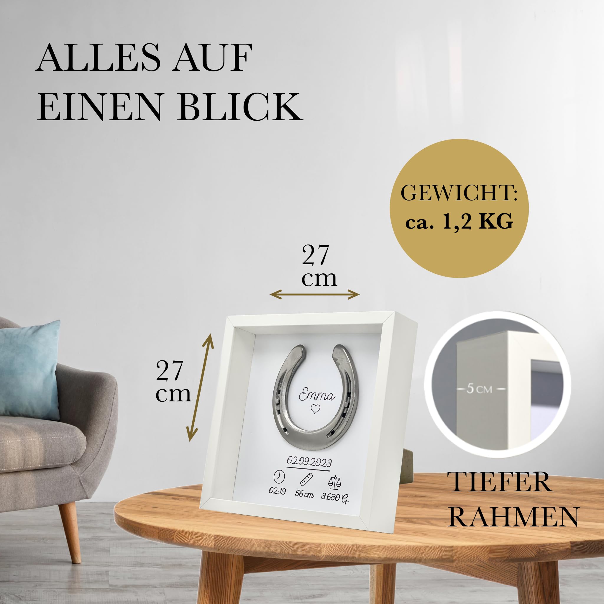 Glückshufeisen Bilderrahmen Geburt, poliert, Weiß