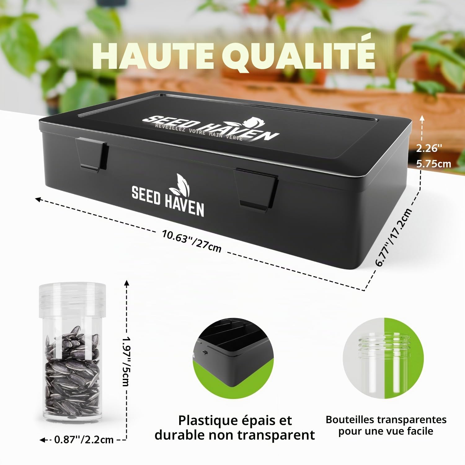 Boîte de rangement de semences, opaque, légère, sûre, avec 60 bouteilles transparentes et étiquettes, organisateur de semences, boîte de rangement de semences, organisateur de graines, boîte de