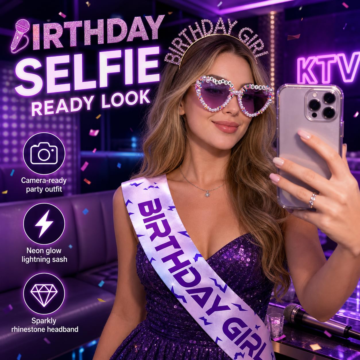Kit di accessori per compleanno, fascia e accessori per foto per incontri | Fascia viola di compleanno, occhiali da sole e fascia con cuore perlato, accessori per compleanno in stile K