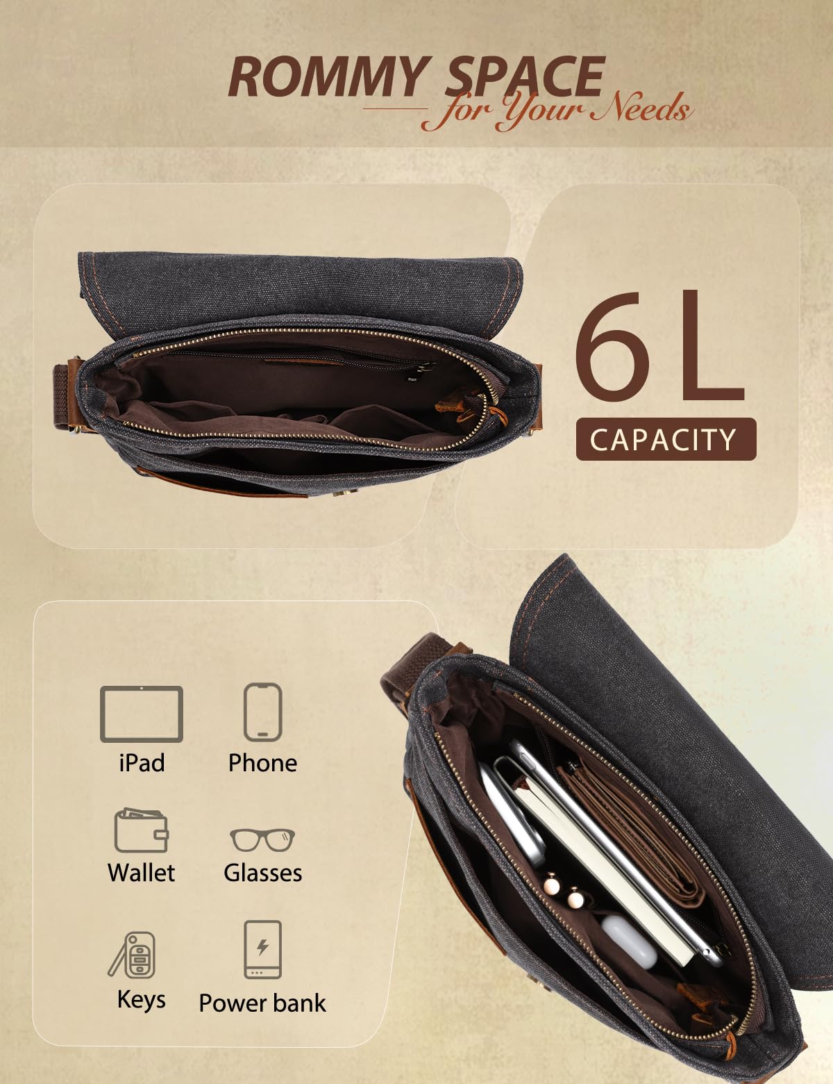 VASCHY Bolso Bandolera Hombre Casual, Lona Piel, 11 Pulgadas, Doble Forma
