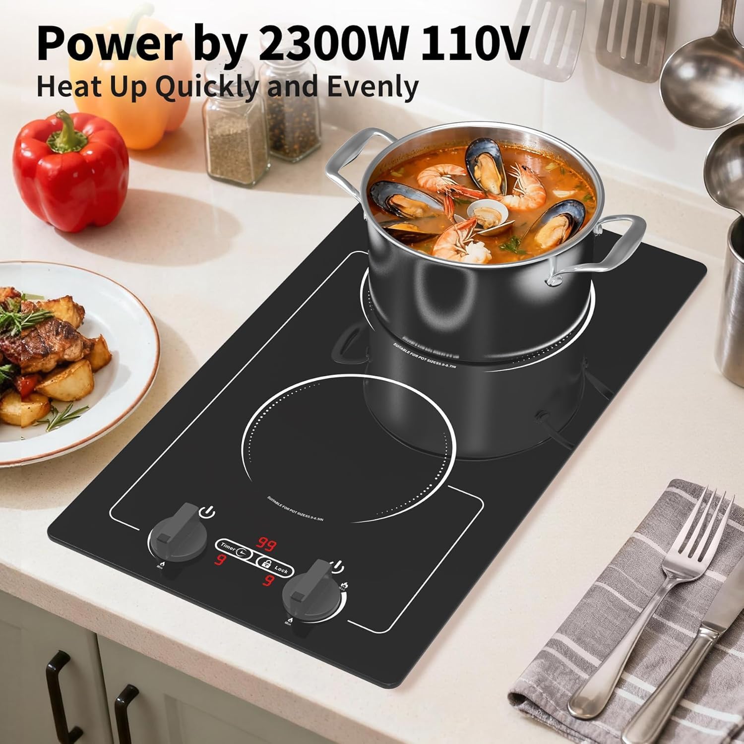 VBGK - 2 Brenner Induktionskochfeld, 110V 2300W Doppelbrenner-Heizplatte mit LED-Touch-Display, 9 Leistungsstufen, Kindersicherung und Timer, Schutz vor