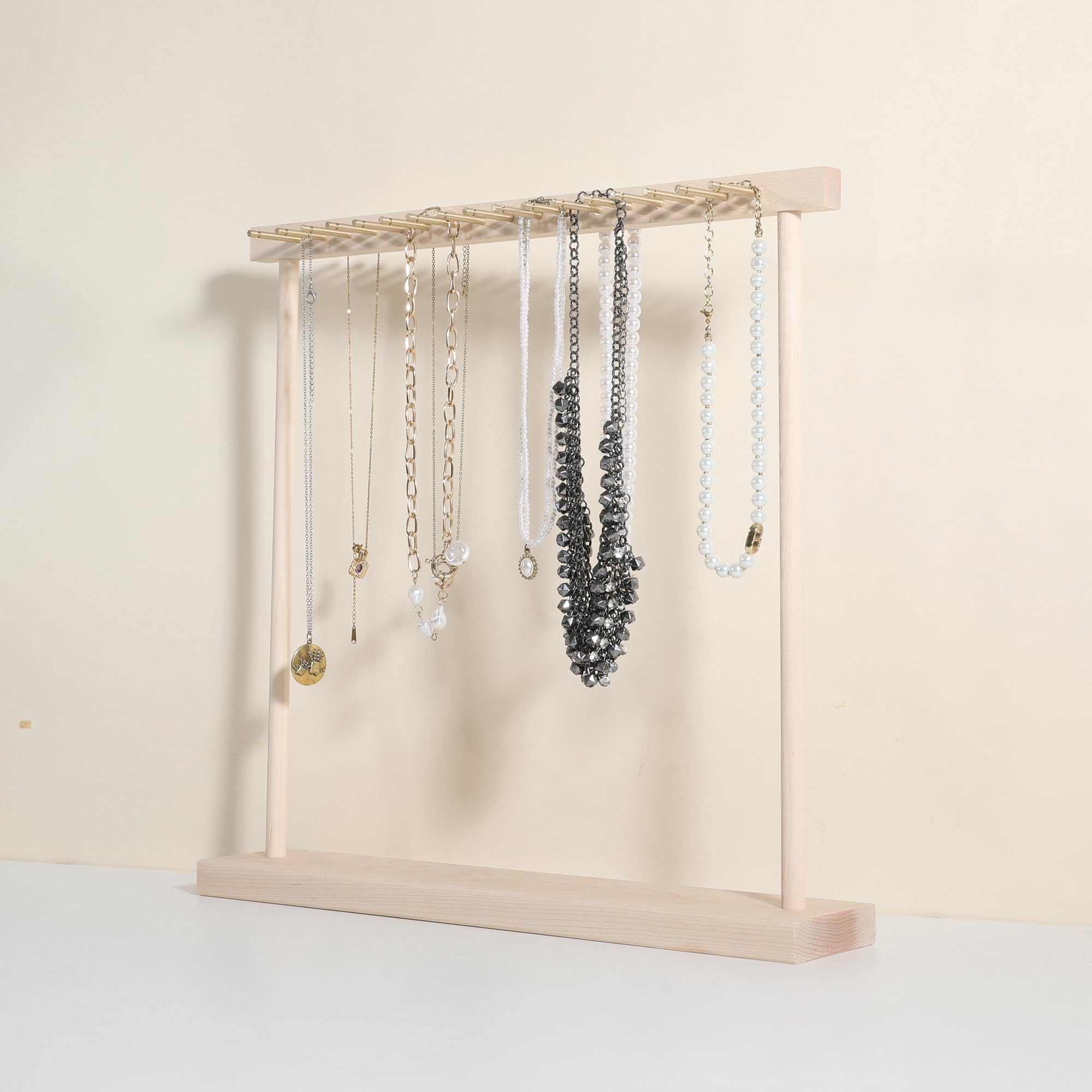 GemeShou Large necklace hanger shelf with 17 copper bars, Wooden jewelry storage organizer rack for hanger necklace bracelet, necklace display stand for boutique store?Marple?