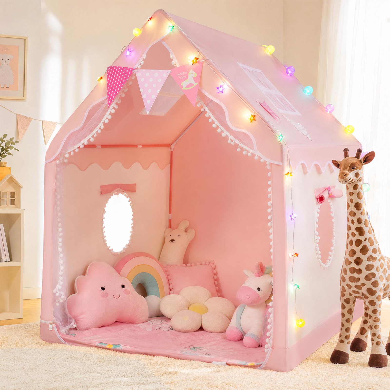 130CM Tienda Campaña Infantil Casita Infantil Exterior Tienda de Juego para Niños con Toldo Tienda de Juegos Interior y Luces Rincón Acogedor para Niños Playhouse Infantil Casa de Juegos
