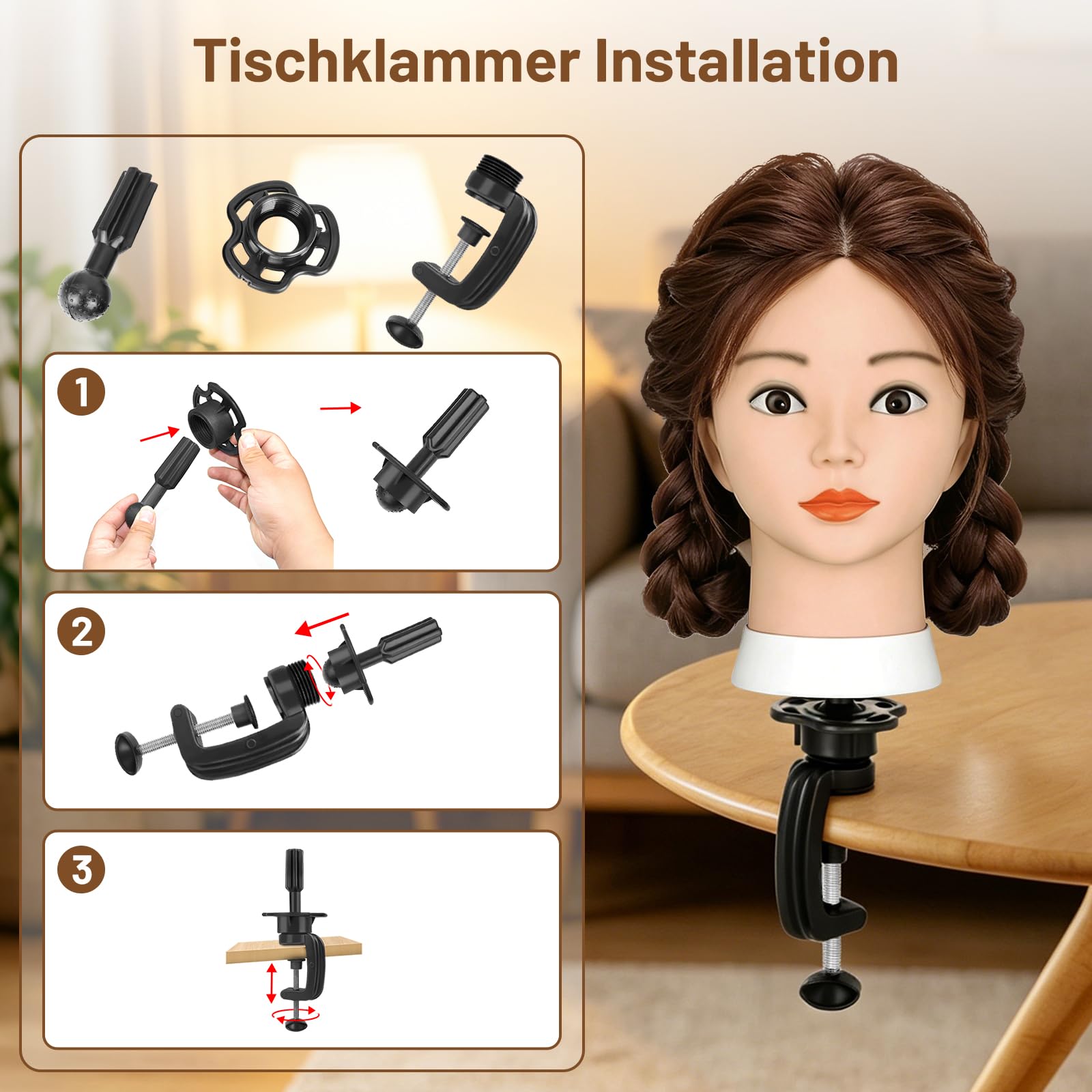 TwoWin Friseurkopf mit Haaren 26 Zoll 66 cm 80% Echthaar Mannequin Kopf Trainingskopf für Styling Friseurpraxis Dunkel Braun