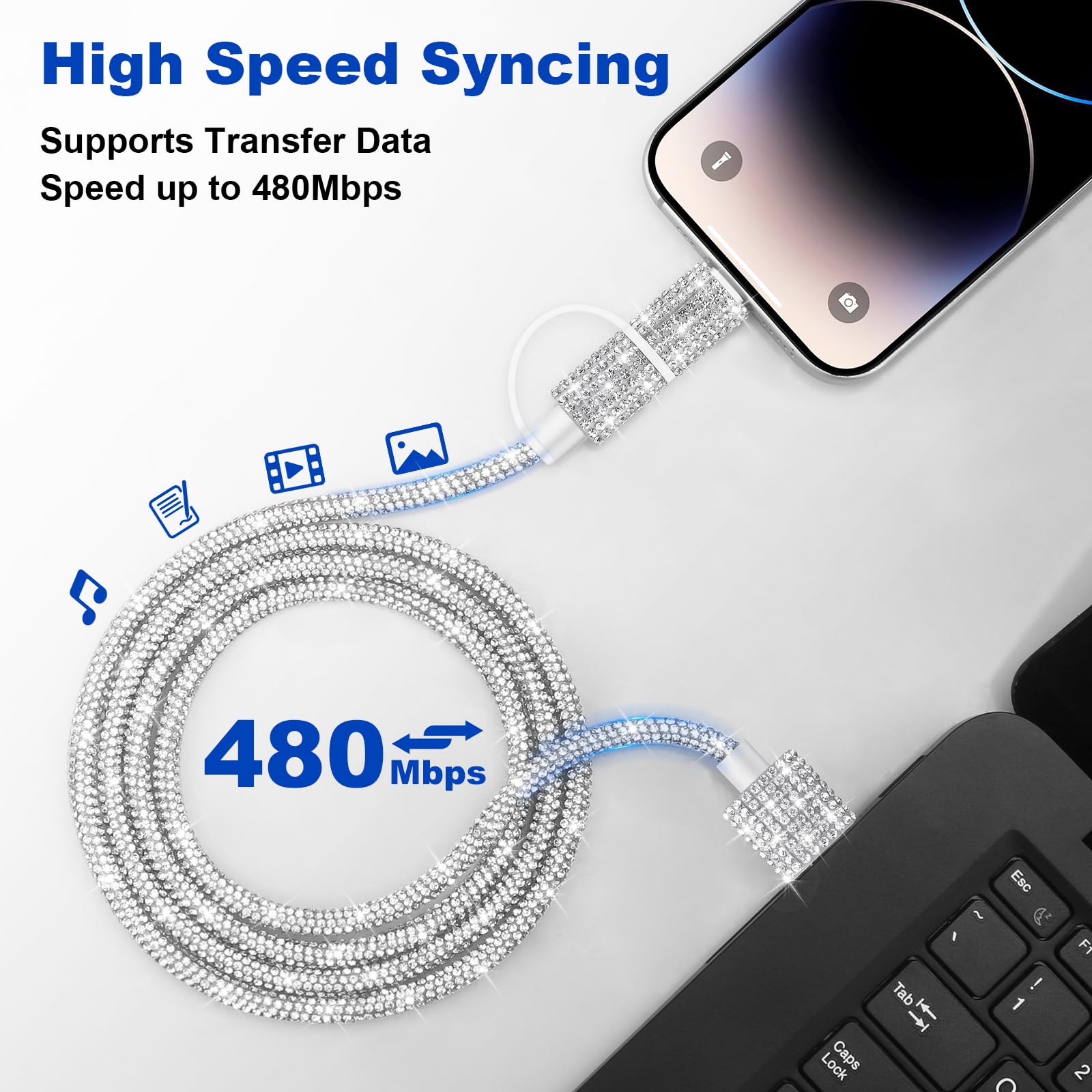 VOFUOE Cavo di ricarica USB C per iPhone 2 in 1, multi cavo di ricarica scintillante da USB A a USB C a iPhone, ricarica rapida, 1,2 m, per ragazze e donne, per iPhone 16 Pro Max per iPad 10a