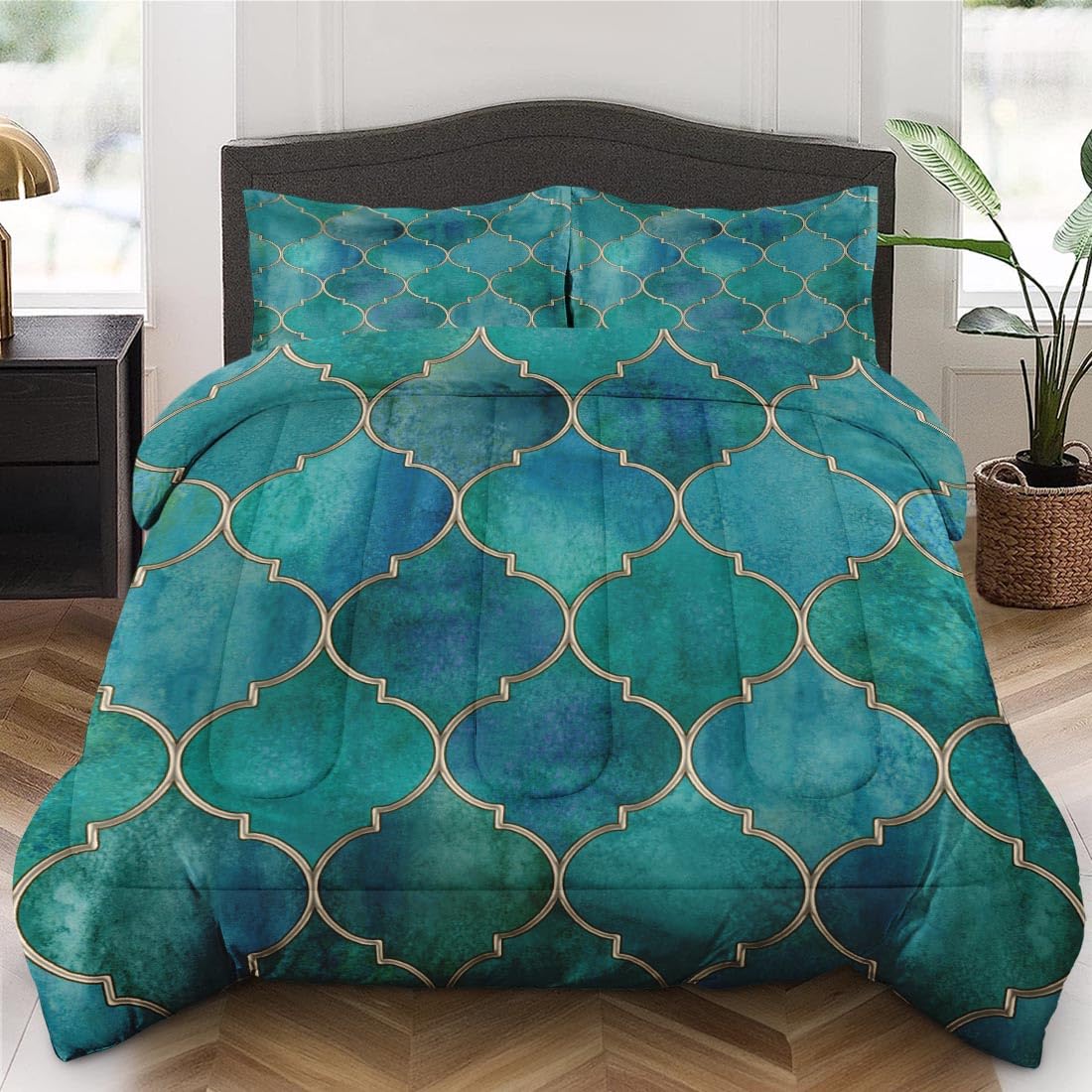 Comforter Set King Size,Cozy Bed for Kids Boys Adults, Vintage Moroccan Gold Teal, Bedroom Decor Blue Turquoise Retro Geometric Bedding with Pillowcase