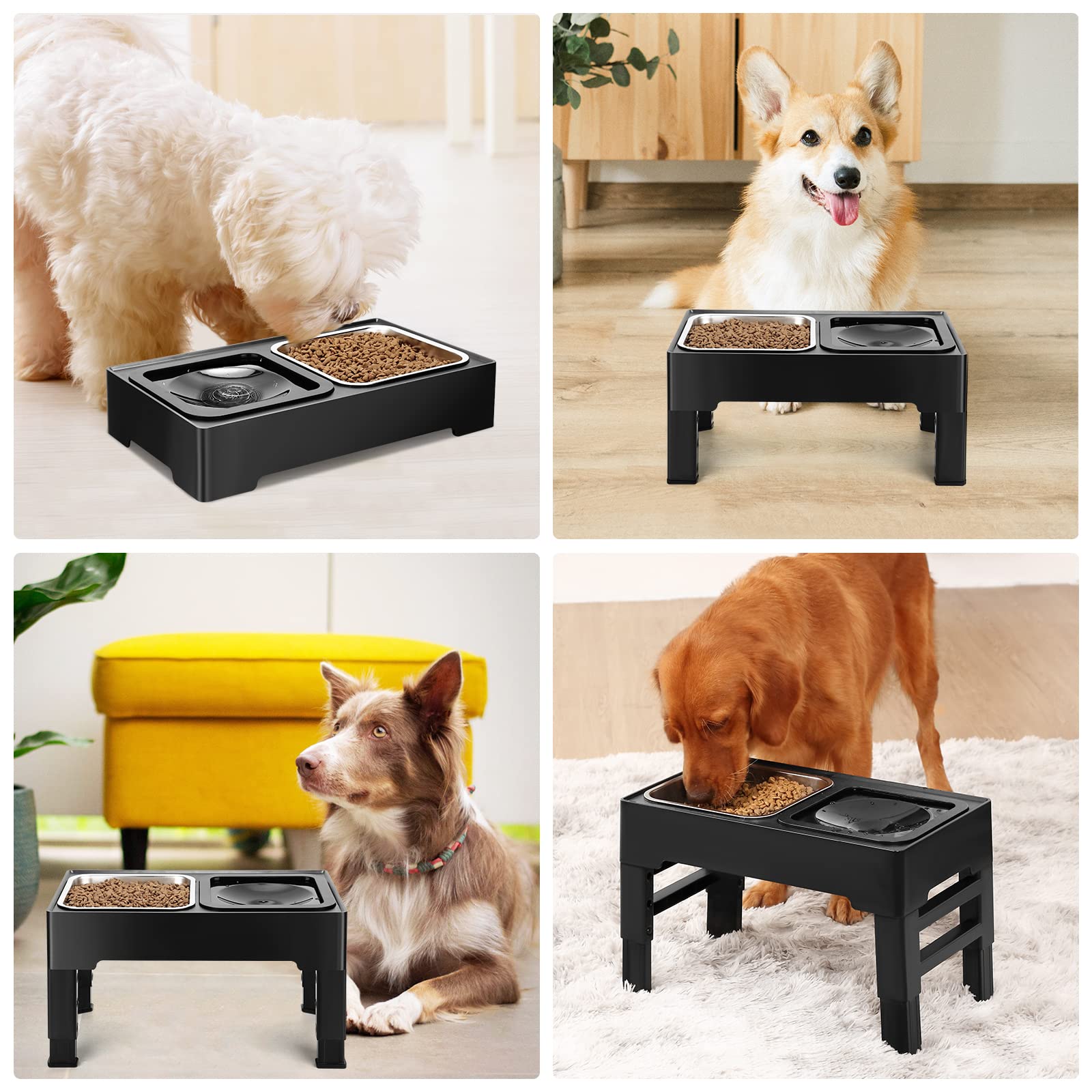 PETTOM Porte Gamelle Chien Surélevée Réglable avec Double Bol | 4 Hauteurs, Bol Eau Anti Éclaboussure, Bol Inox, Pieds Antidérapants, Structure Pliable, Lave-vaisselle