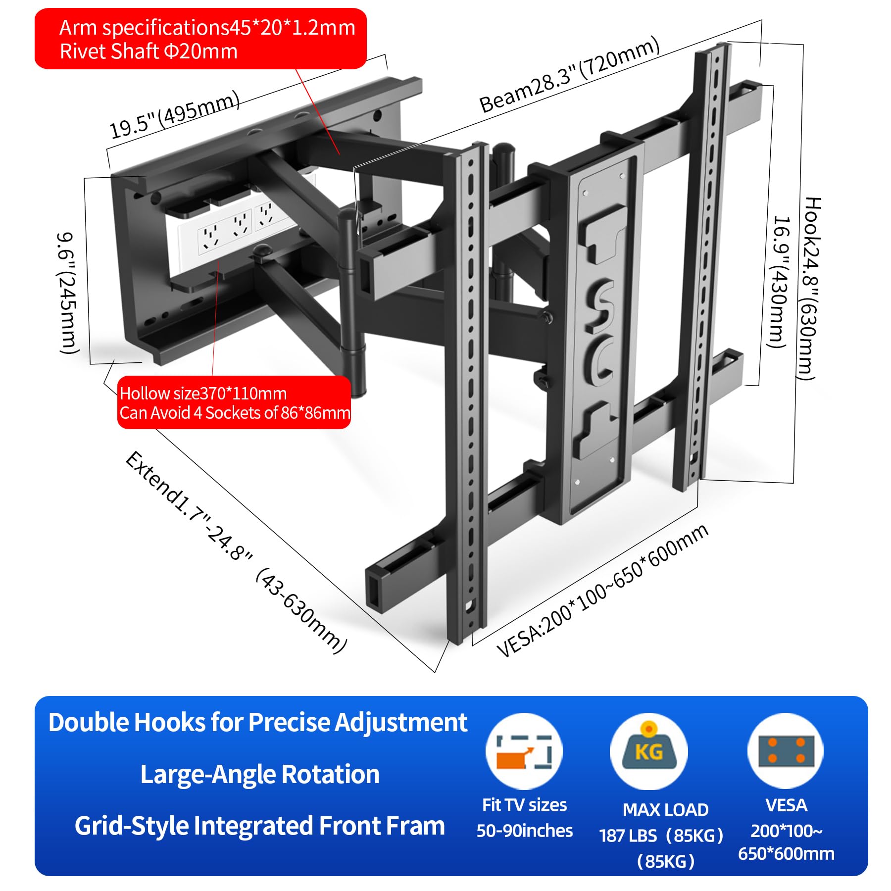 Soporte TV Pared para 50-90 pulgadas hasta 85 kg Max VESA 650x600