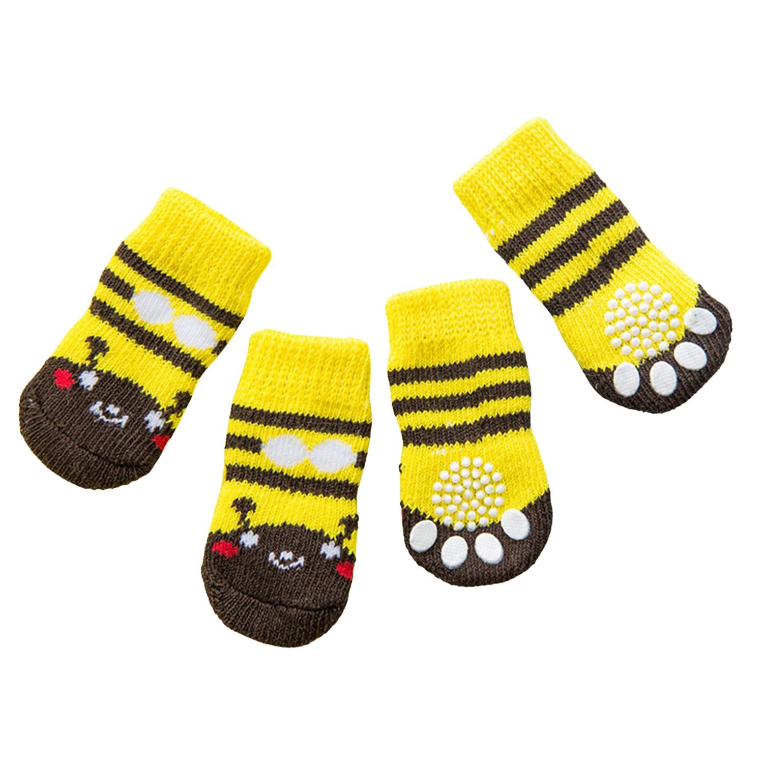 MeiAOBest 4PCS Pet Socks,Cute Knitting Anti-Slip Cat Dog Floor Socks Paw Protectors Cove for Indoor Outdoor Hot Pavement Hardwood Floor Protection_L(Yellow Bear)