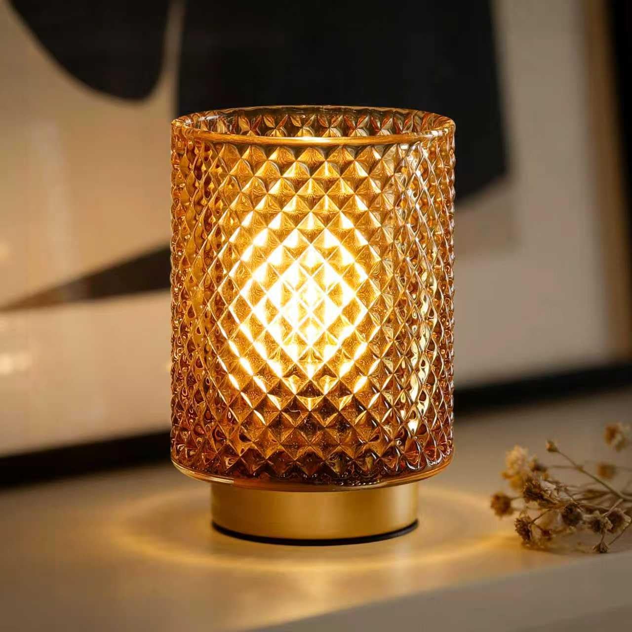 Battery Operated Lamp,Cordless Glass Accent Table Lamp with Timer for Bedside,Small Decorative Lamp with Warm White LED Bulb for Nightstand/Bookshelf/Entryway/Tabletop Counter Decor(Amber)