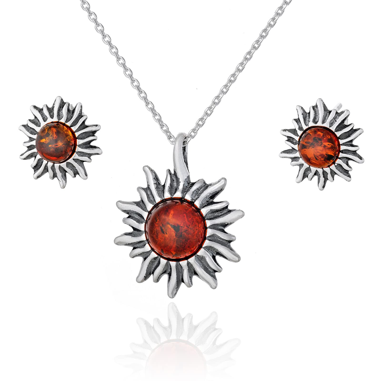 Set da donna in argento Sterling 925 con ciondolo a forma di piccolo sole (collana e orecchini), argento ossidato, ambra baltica in cognac, ciondolo con catenina e orecchini, set pronto per un regalo
