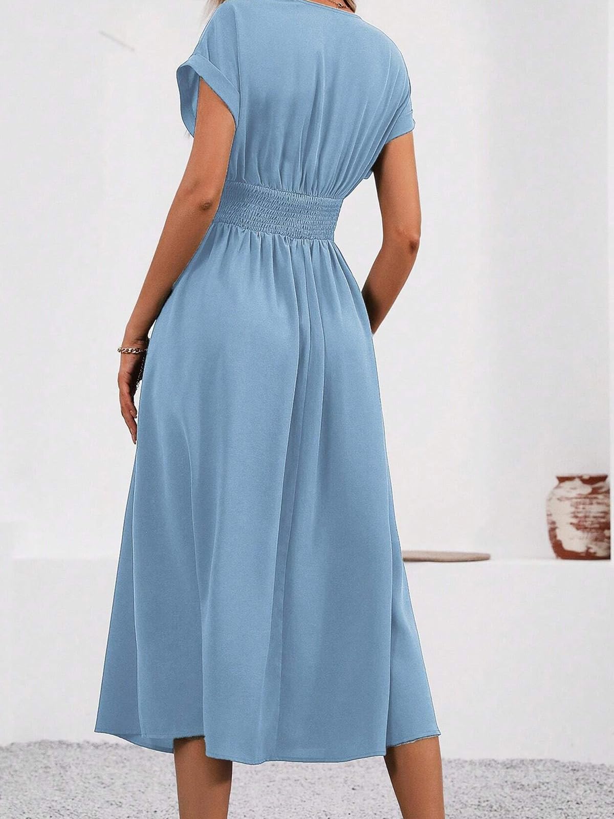 LIAMERHE Vestido Primavera/Verano Manga Corta/Larga Mujer Casual Vestidos Largos Cuello en V Elegante Plisado Vestido Línea A Vestido Largo para Fiesta en Playa