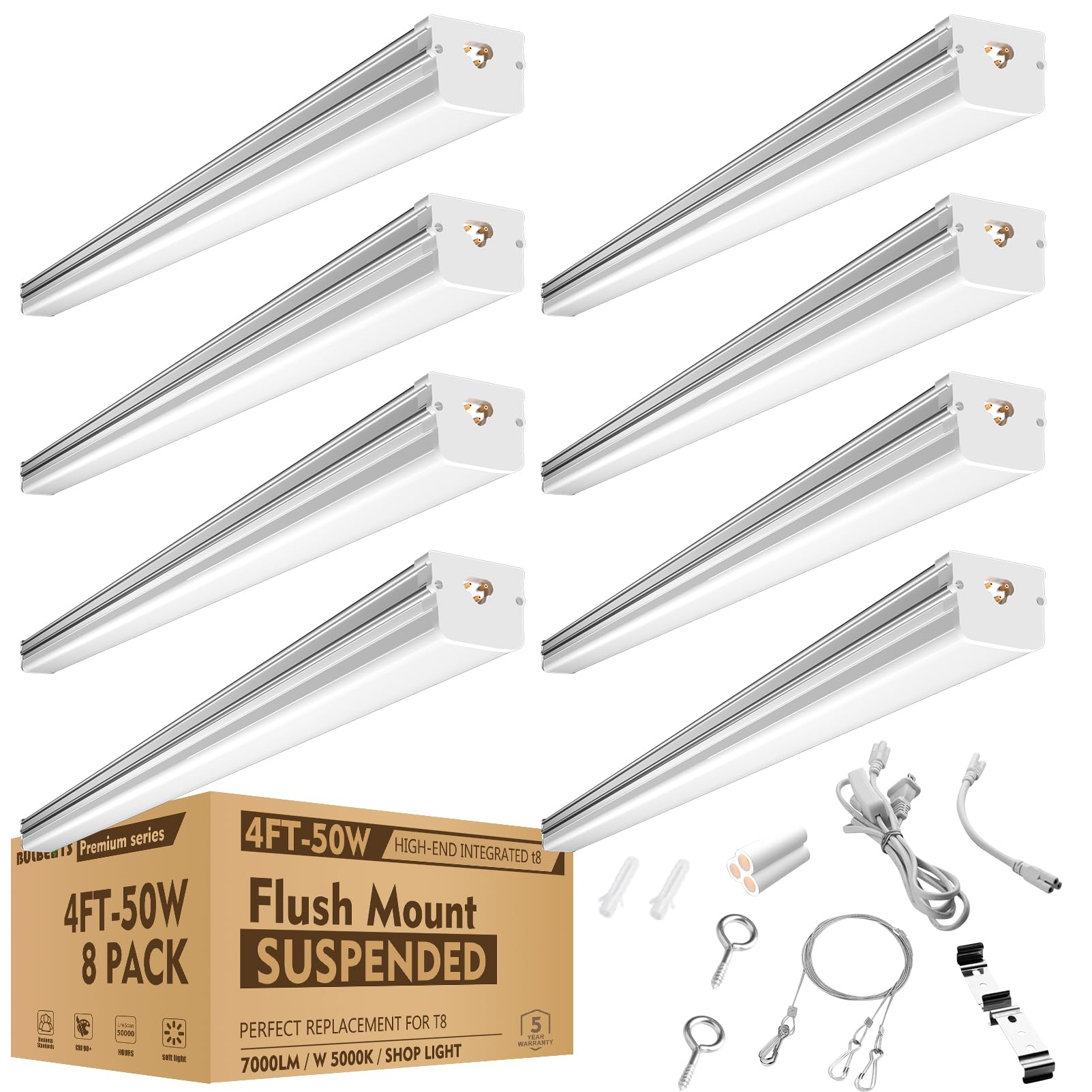 bulbeats 4FT LED Shop Light 50W 7000Lm LED Shop Light Fixutres, Seamless/Wired Linkable LED Shop Light, AC100-277V Surface/Suspension LED Mount Shop Light 4FT for Garage Plug and Play-8Pack